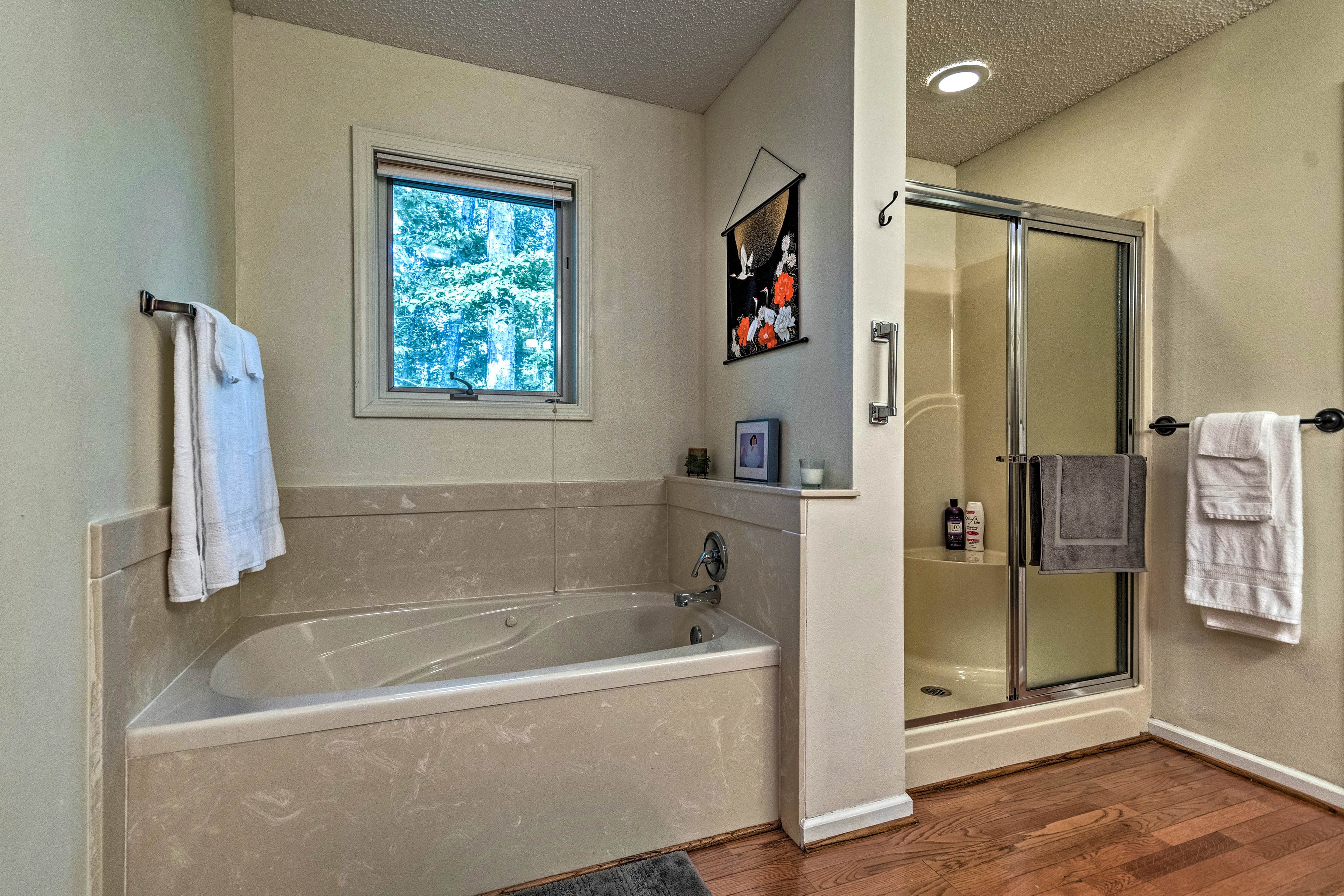Rinse off in the walk-in shower or relax with a soak in the tub.