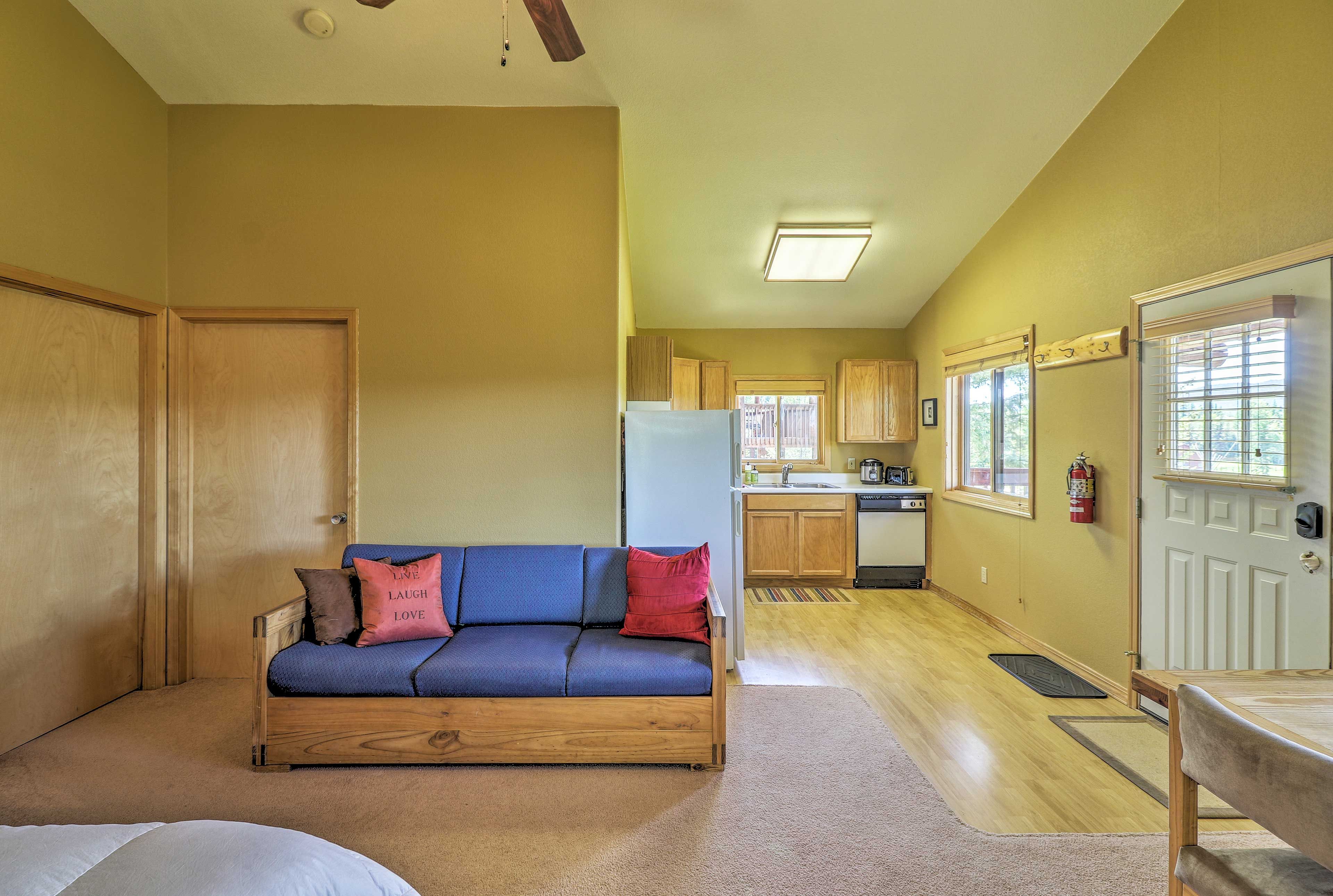 The couch is perfect for lounging after a hike on the property.