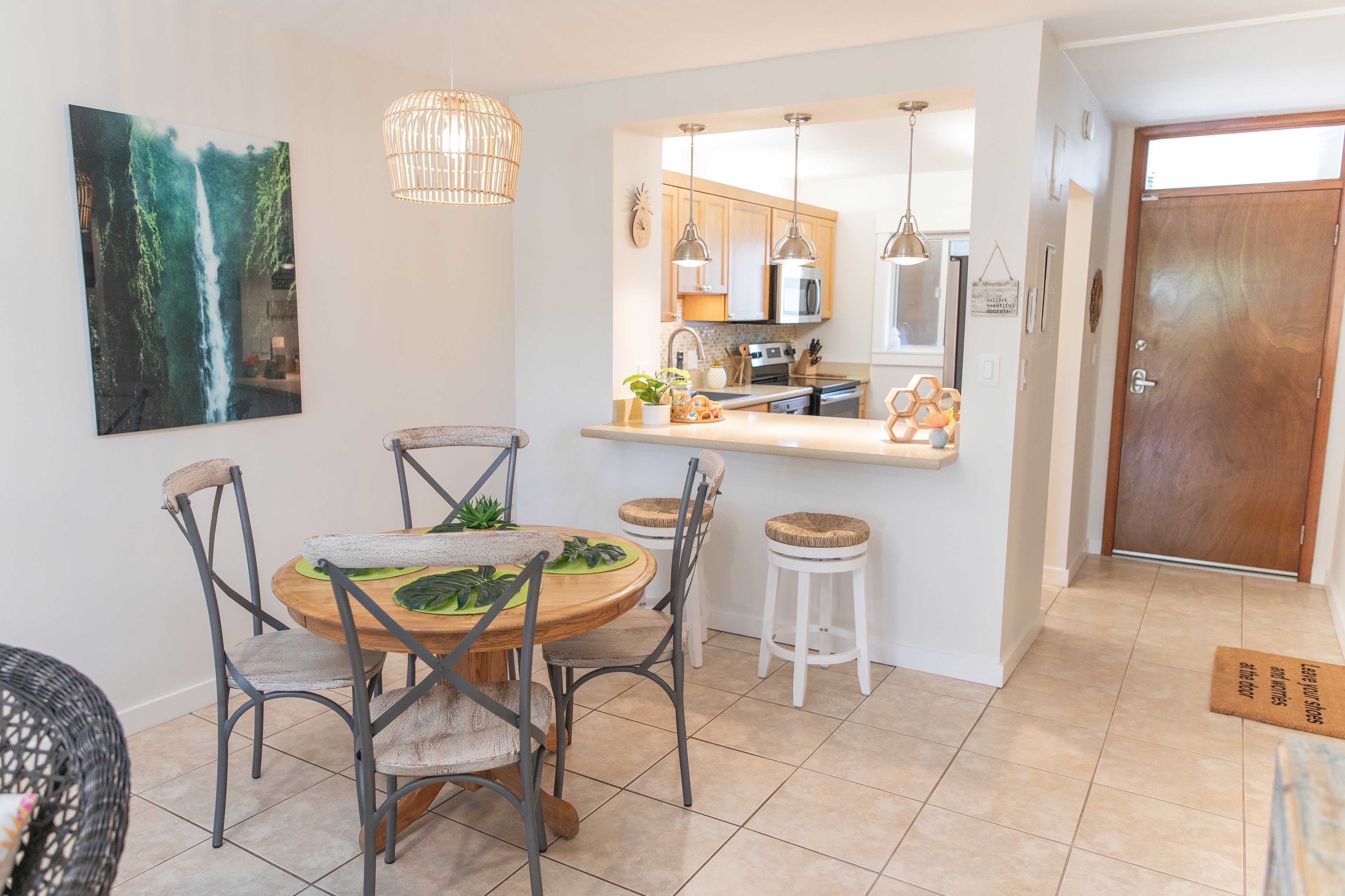 Dine all together around the 4-person dining table.