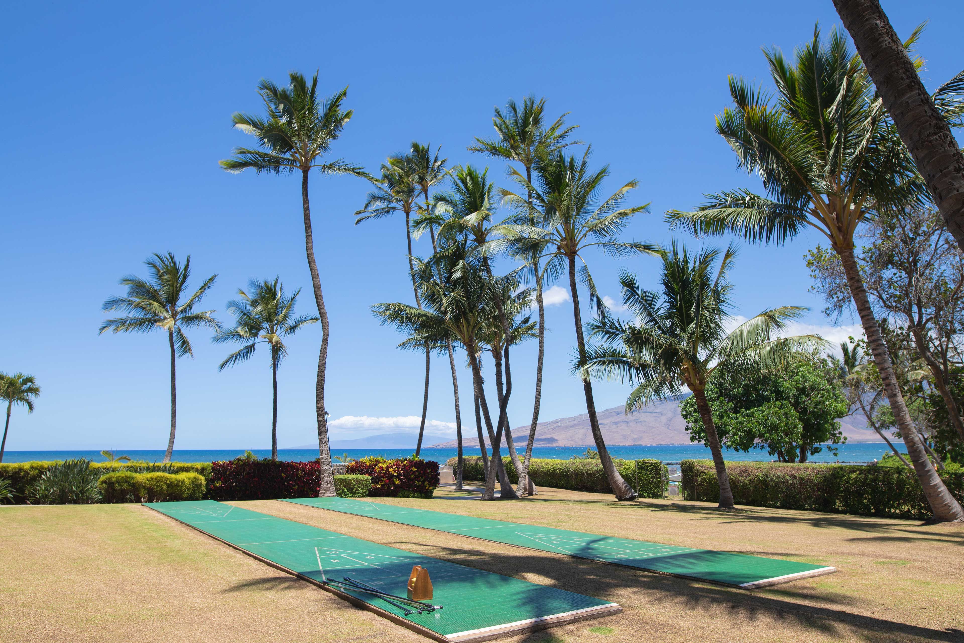 Play a few games of shuffleboard with an impressive island view!