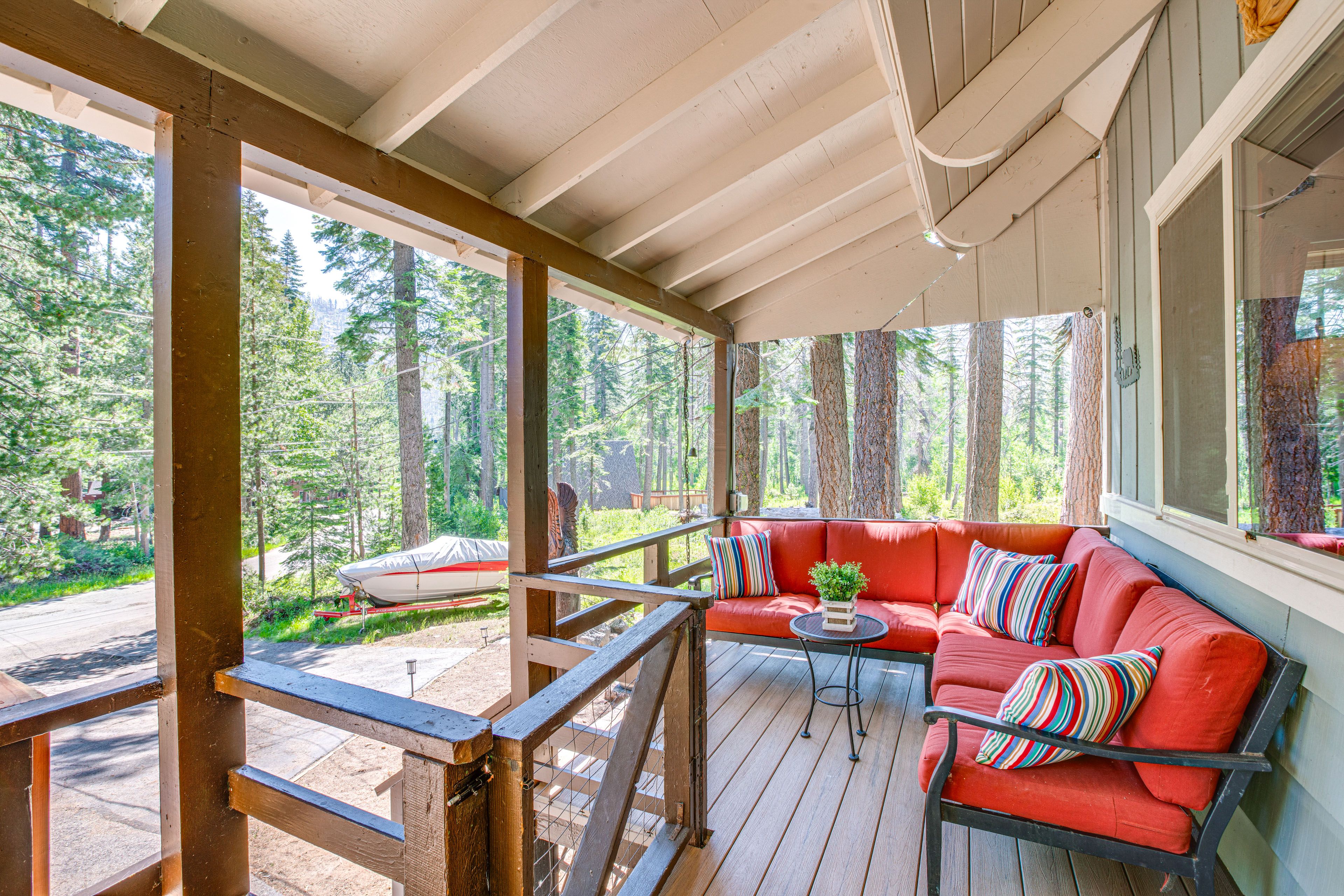 Covered Porch | Lounge Seating  & Dining | Surrounded by Tahoe National Forest