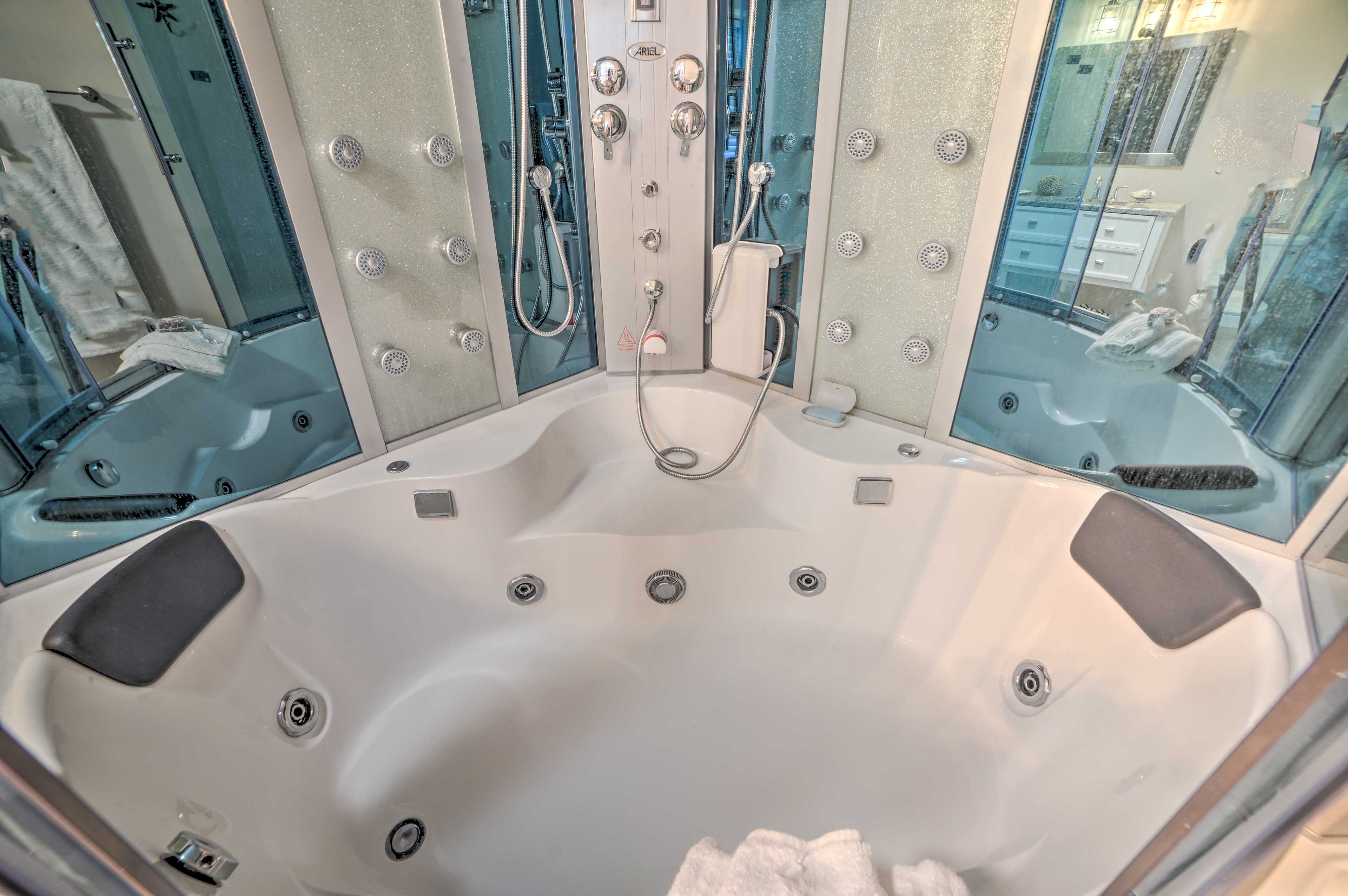 The jetted tub is the ideal place to unwind and relax before climbing into bed.