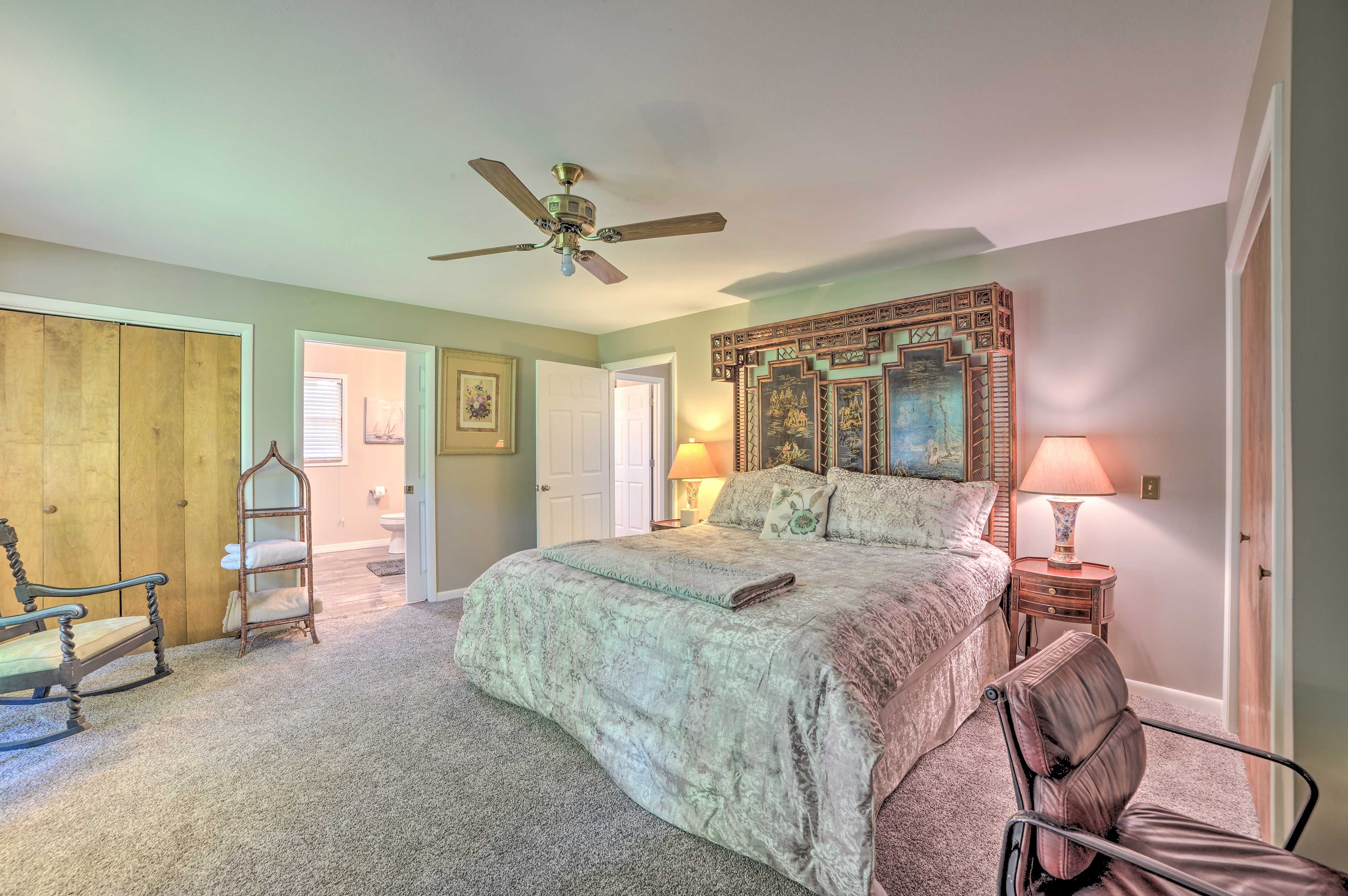 Two people will sleep soundly in the California king bed.