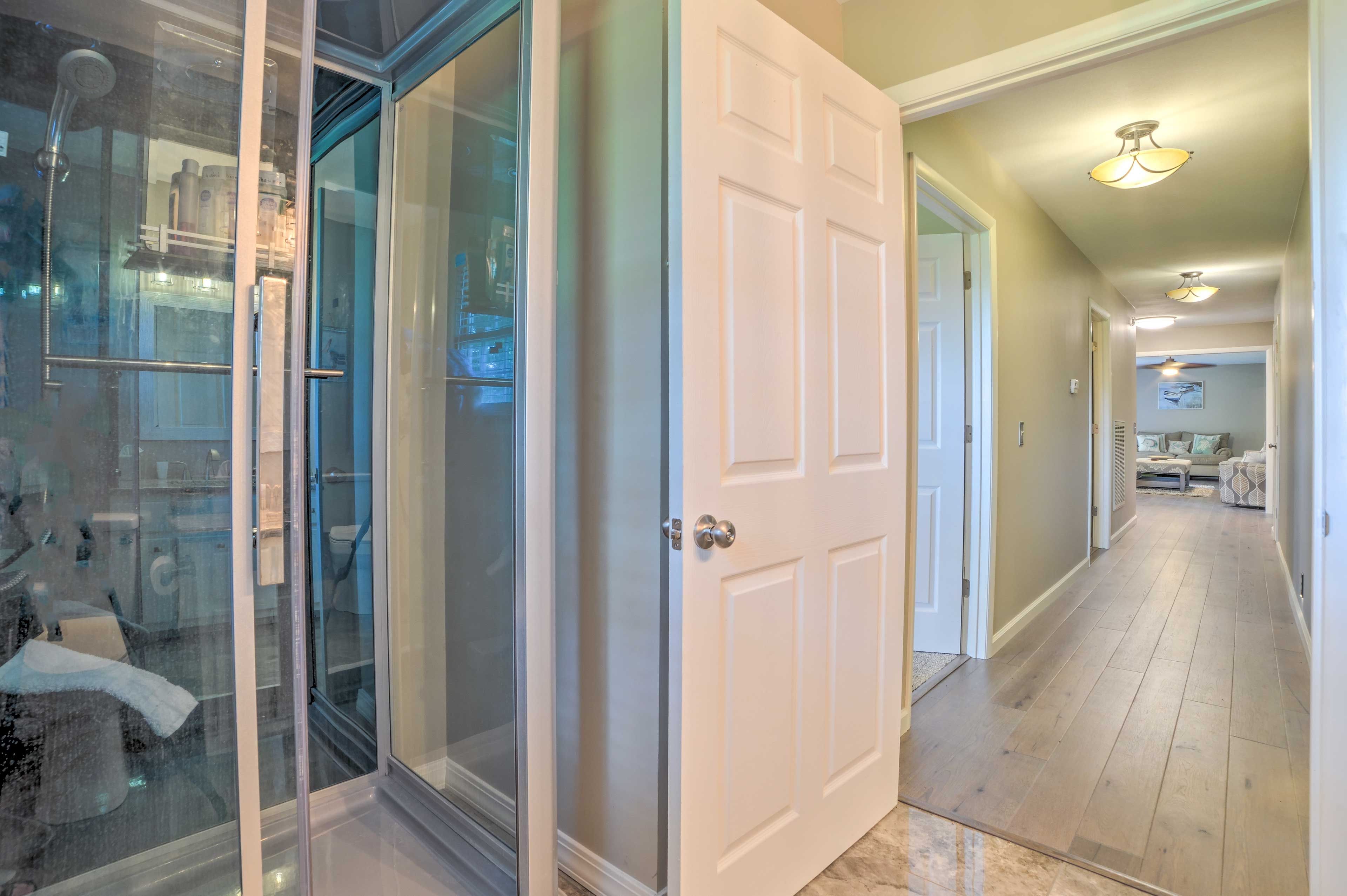 Rinse off in the walk-in shower.