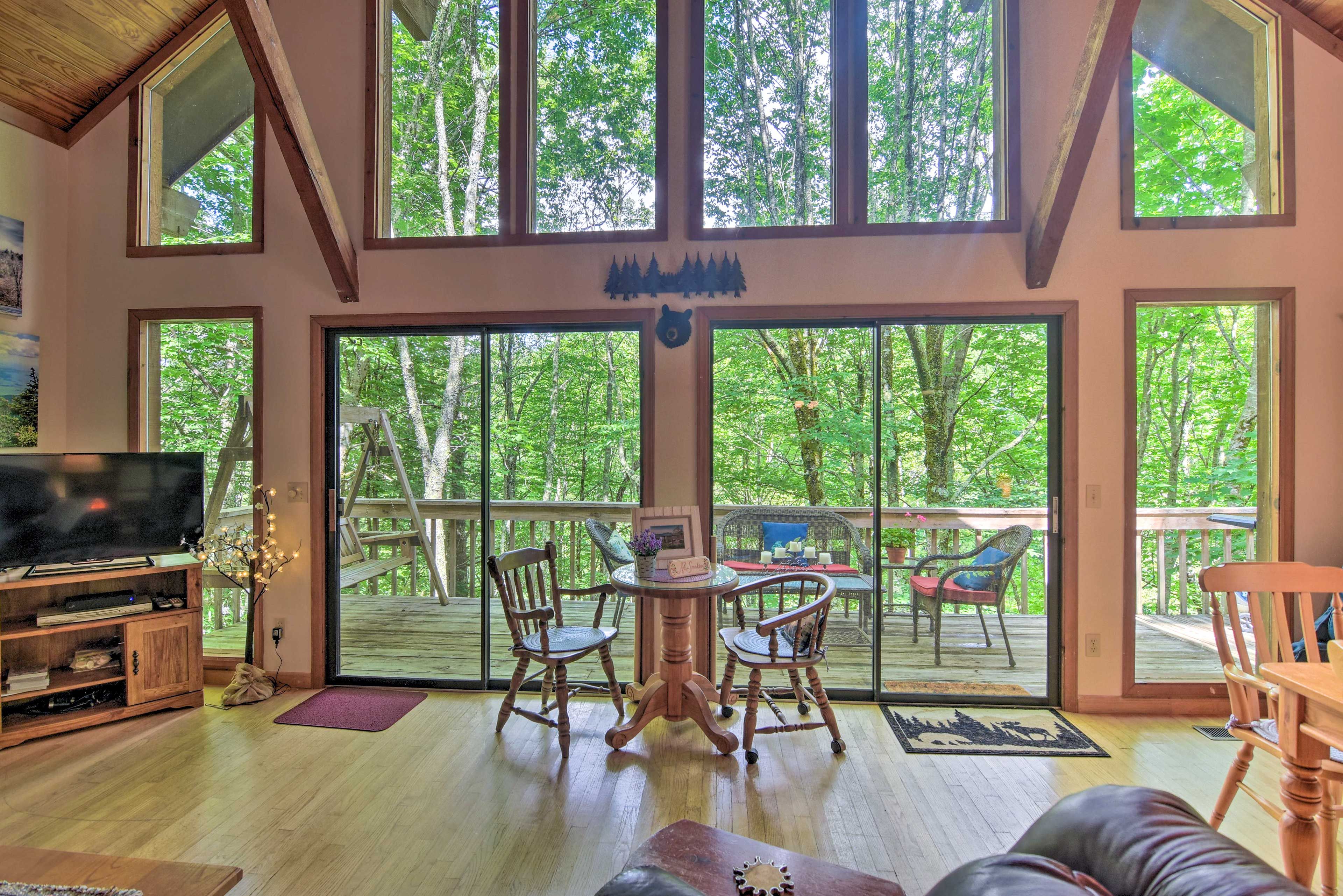 Enjoy fantastic forest views through the floor-to-ceiling windows.