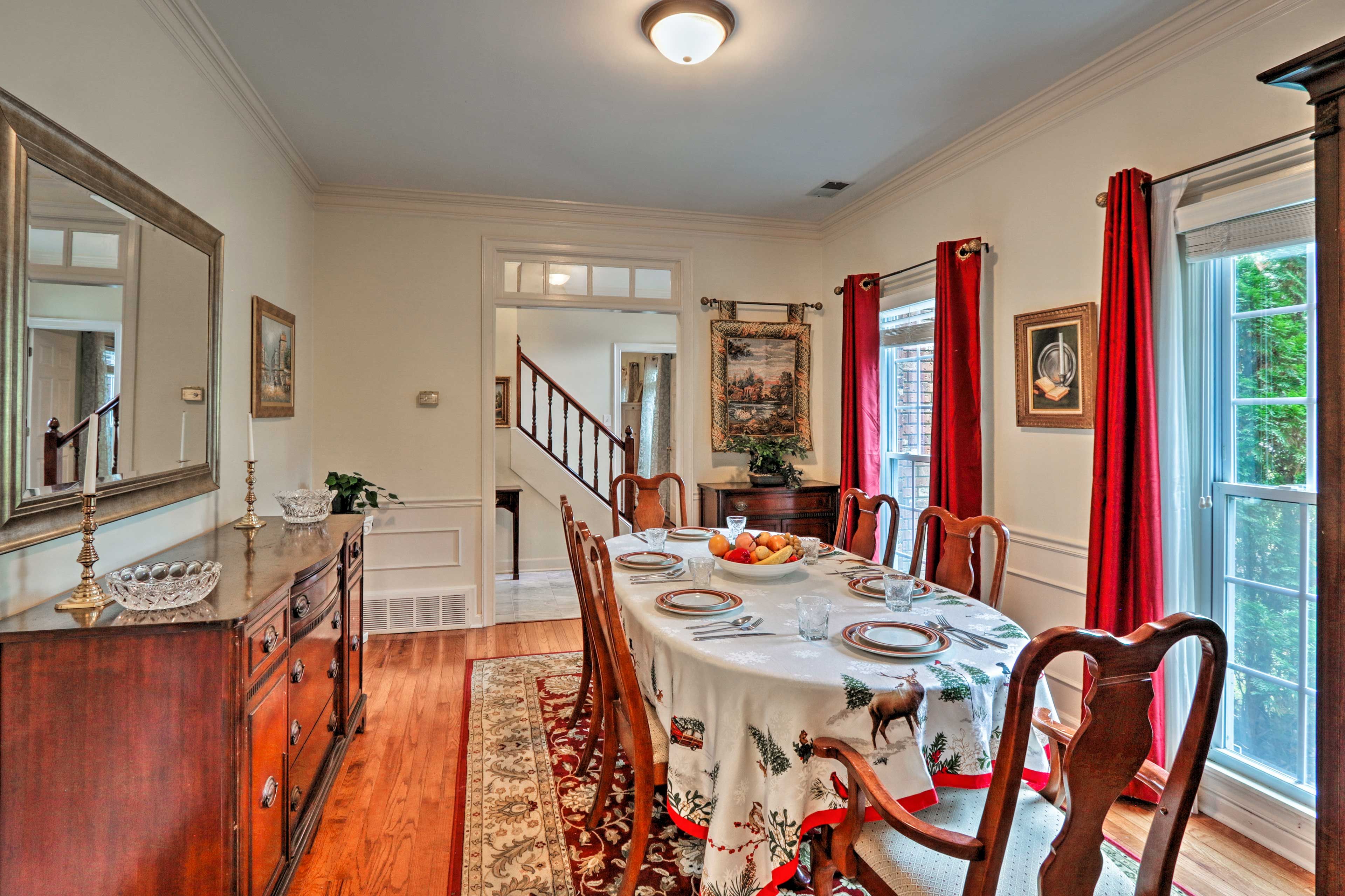 Prepare for a full course dinner and grab a seat at the dining table to feast.