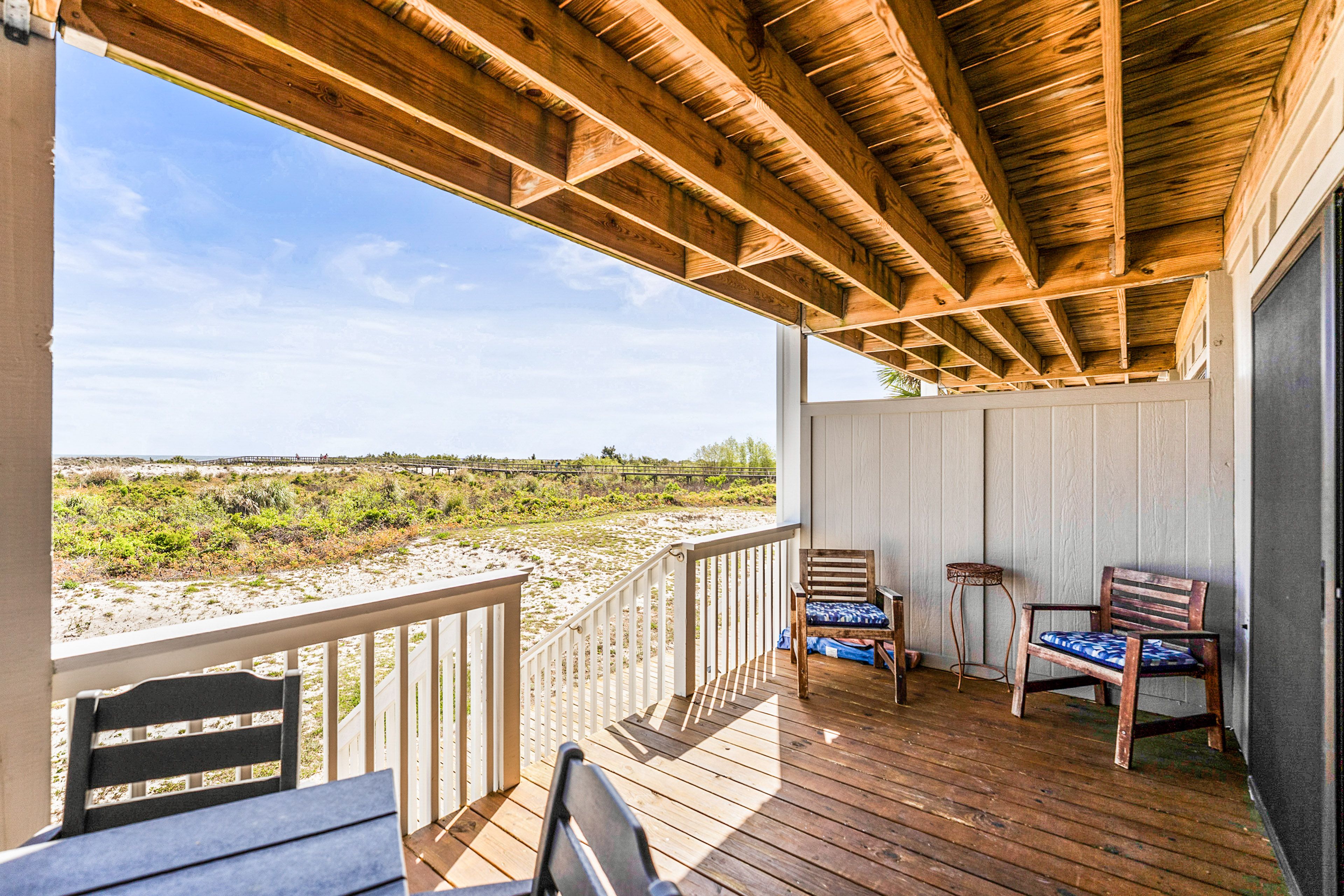 Covered Deck | Outdoor Dining & Seating | Beach Views