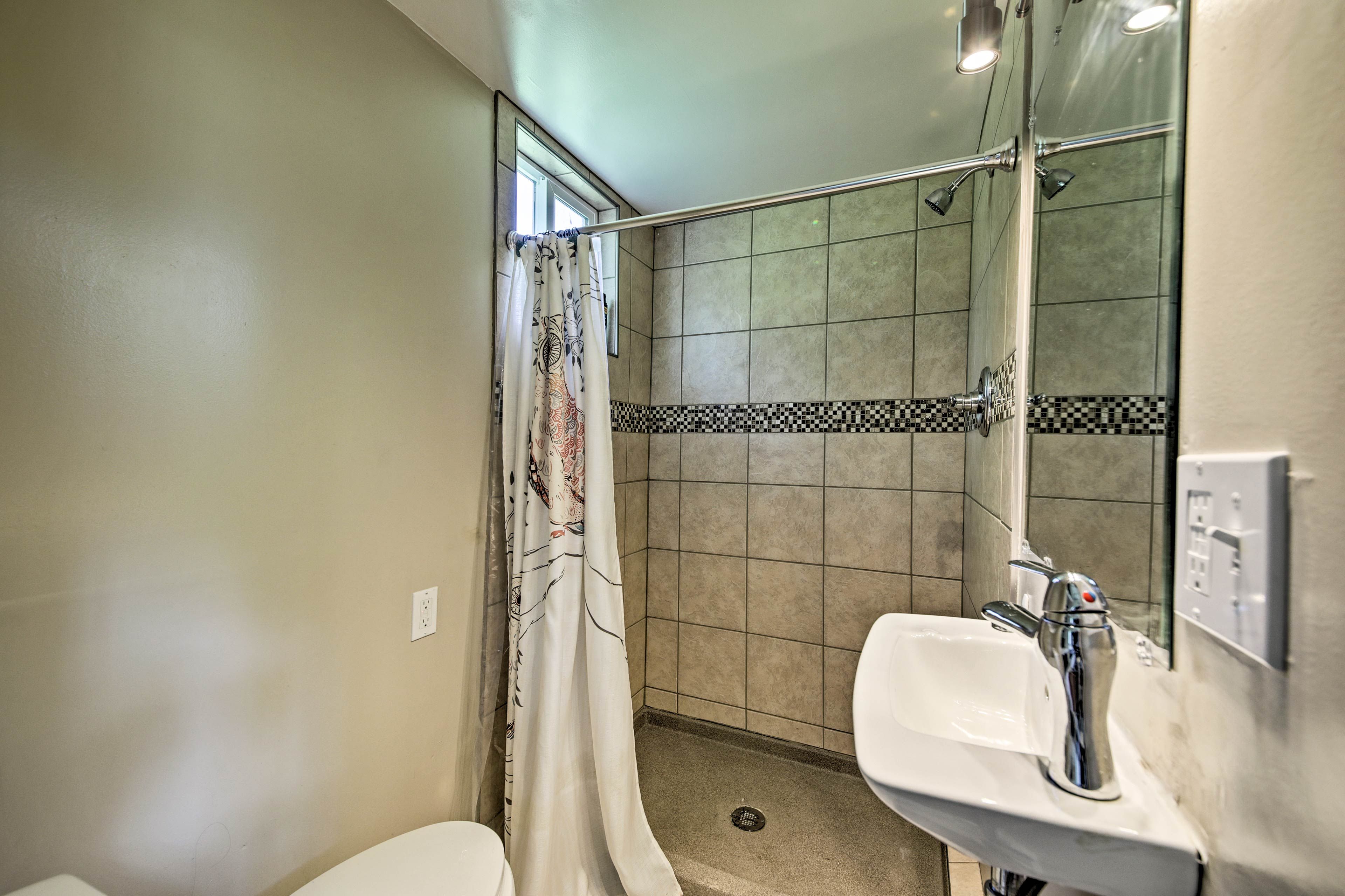 Wash off for the day in the walk-in shower.
