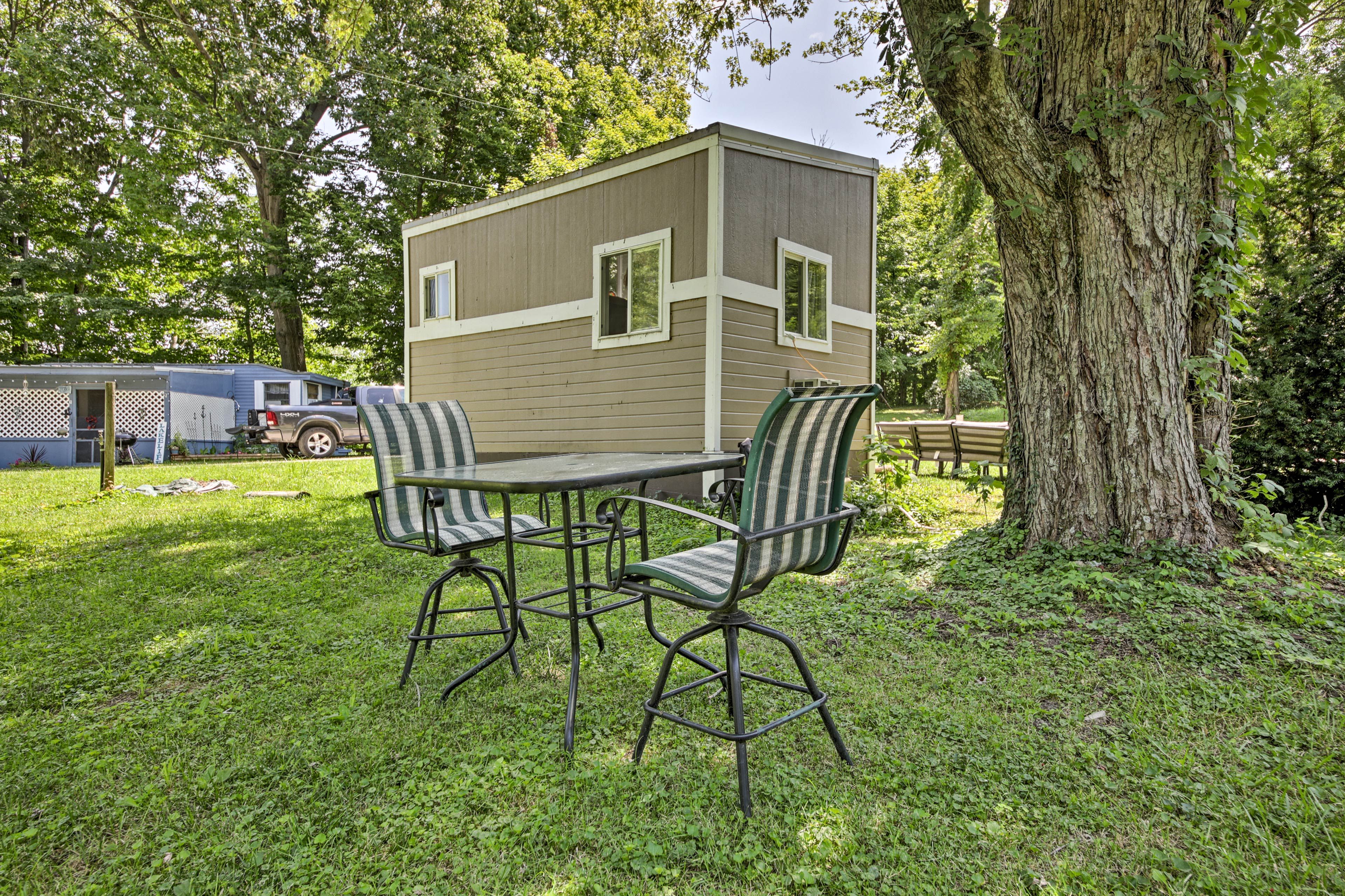 Enjoy your morning coffee at this table.
