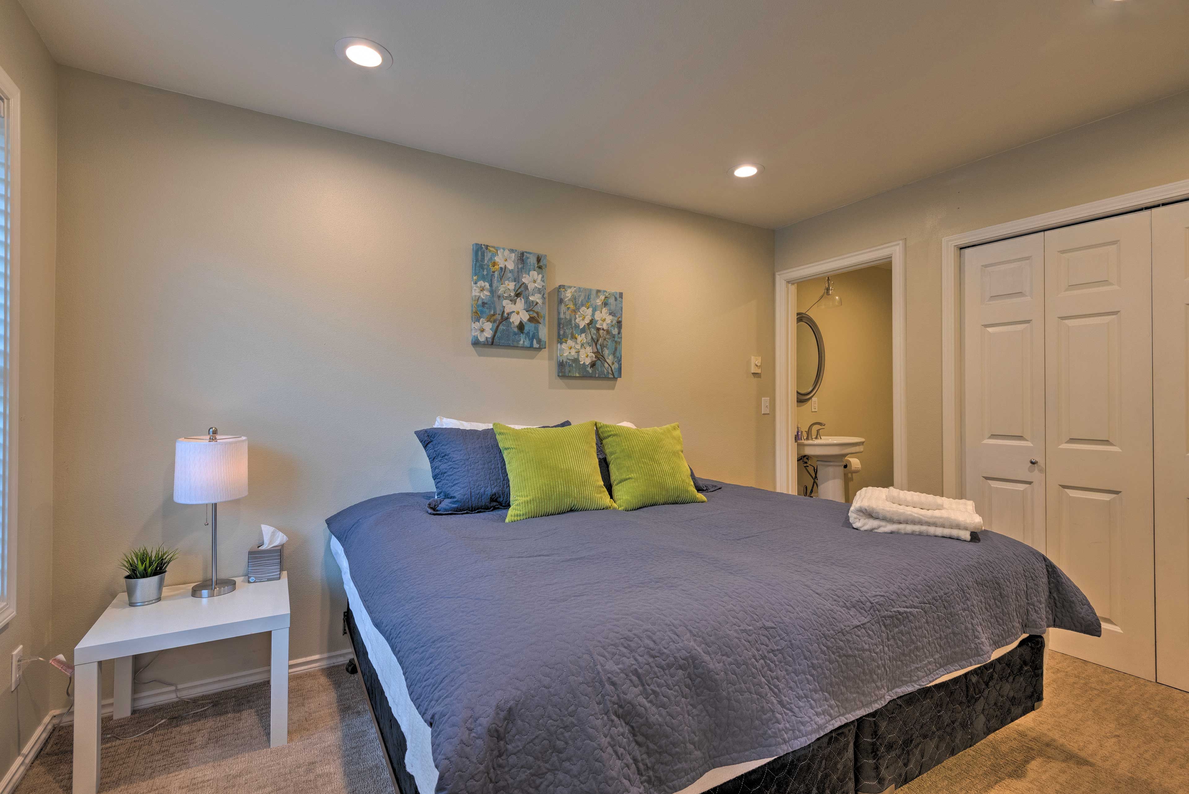 Two twin beds convert into a king bed.