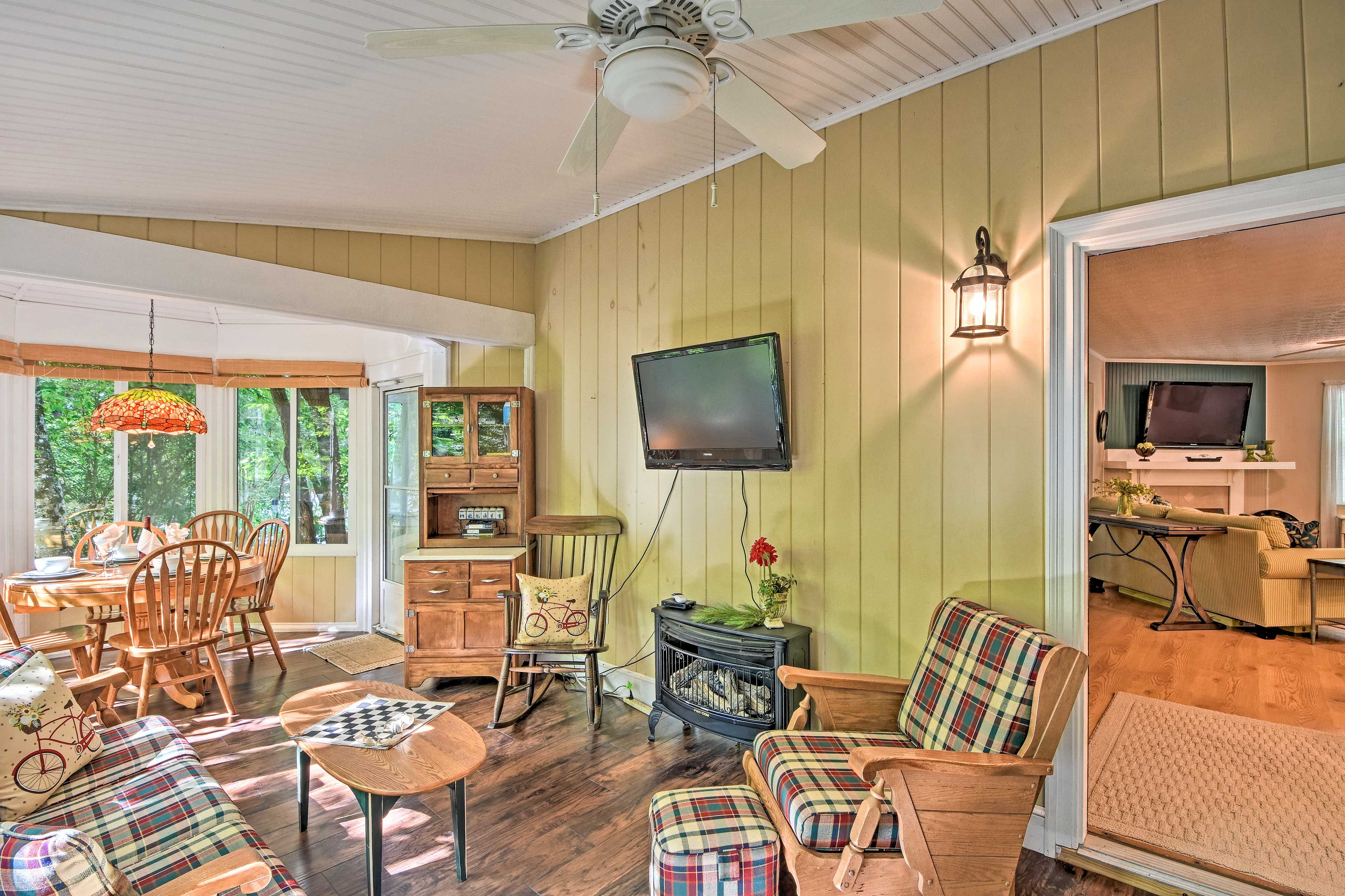 On chilly nights, cozy up by the fireplace while you watch TV.