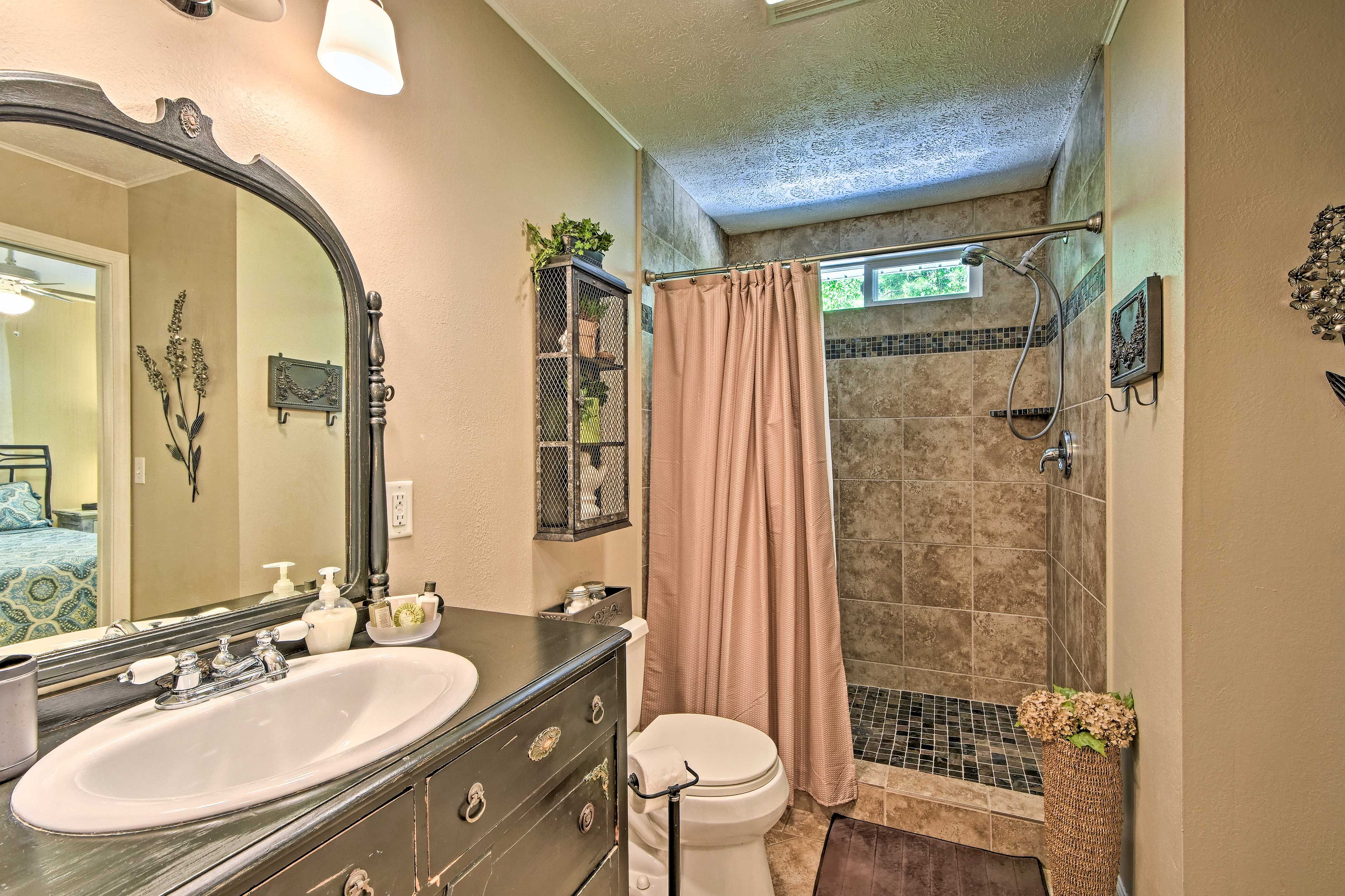 Rinse off in the walk-in shower.