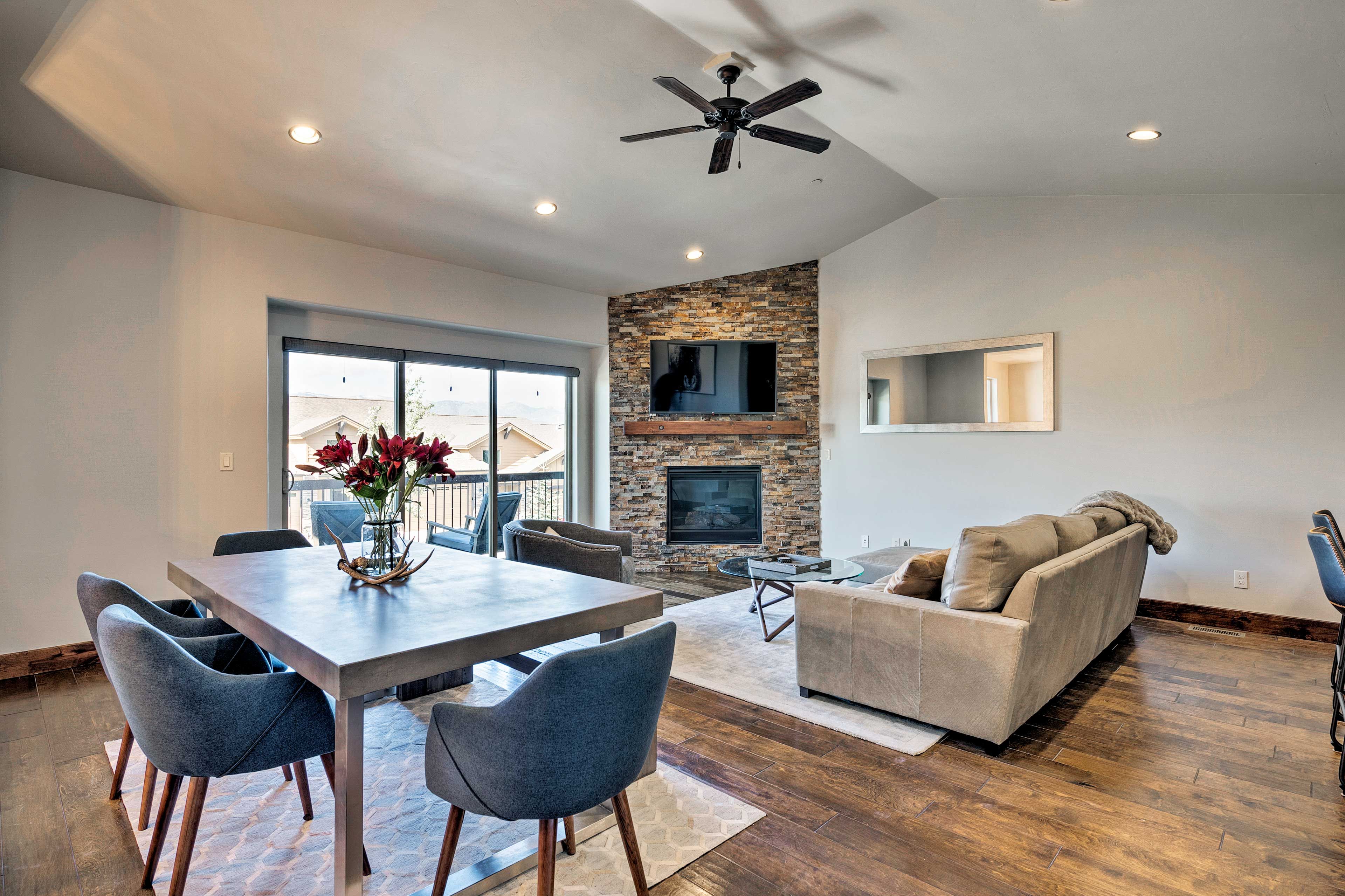 Turn on the gas fireplace to warm the space.