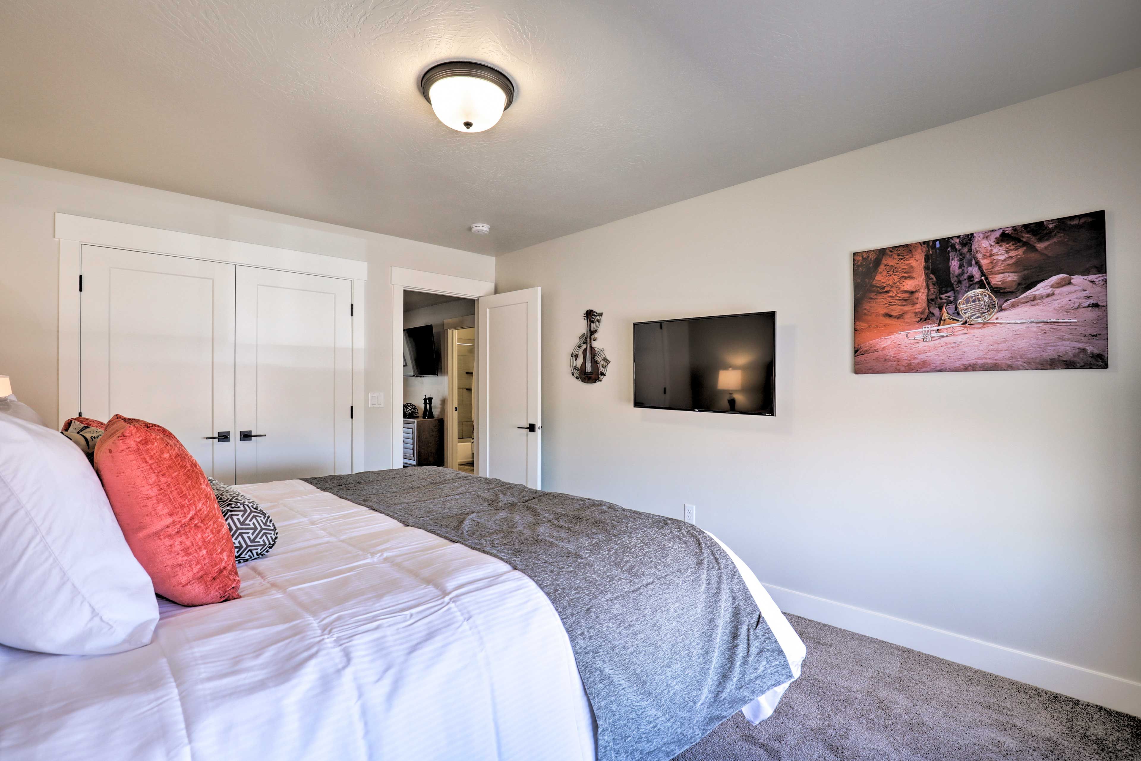 Fall asleep to a movie streaming on the flat-screen TV.