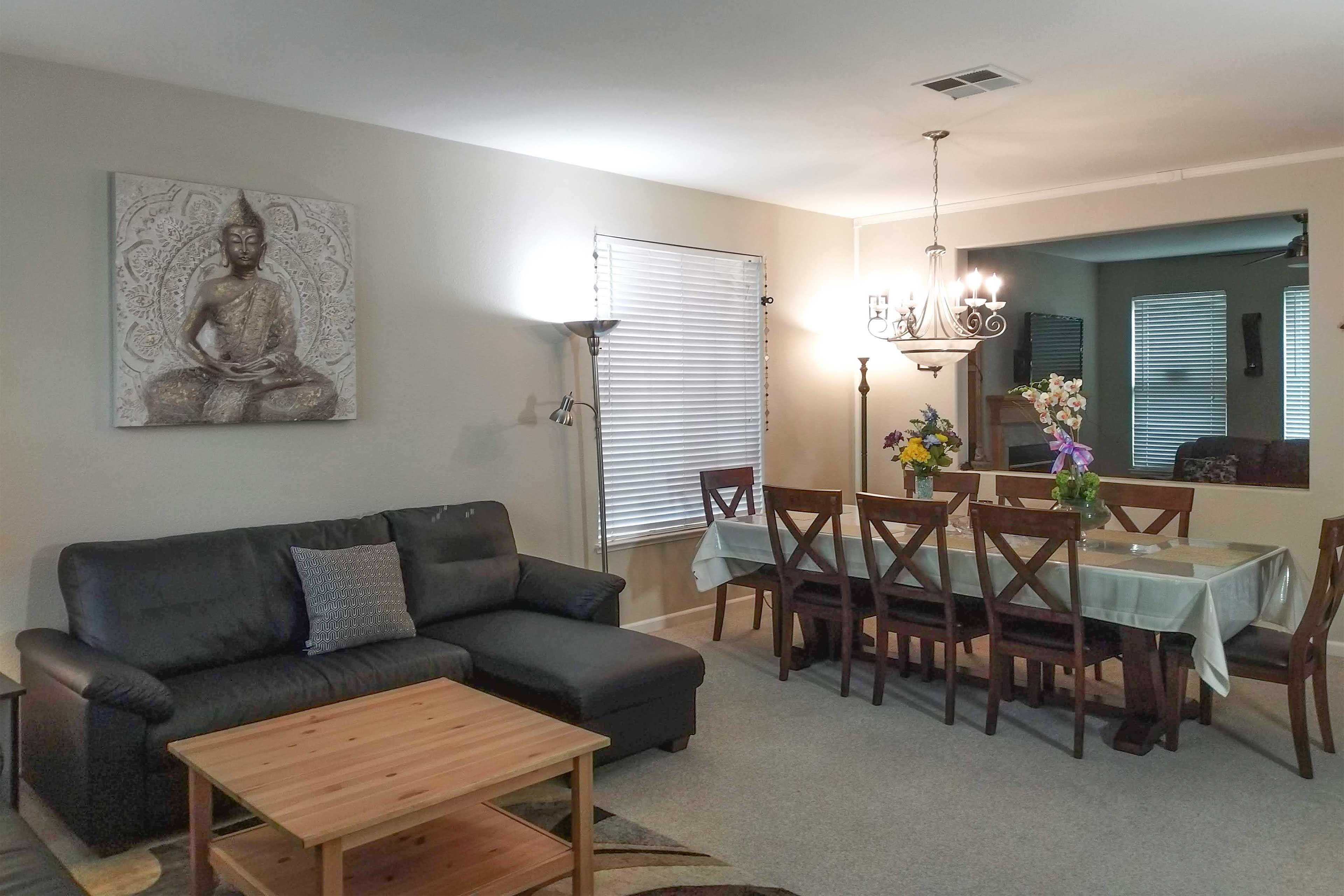 For formal meals, congregate at the spacious dining table.