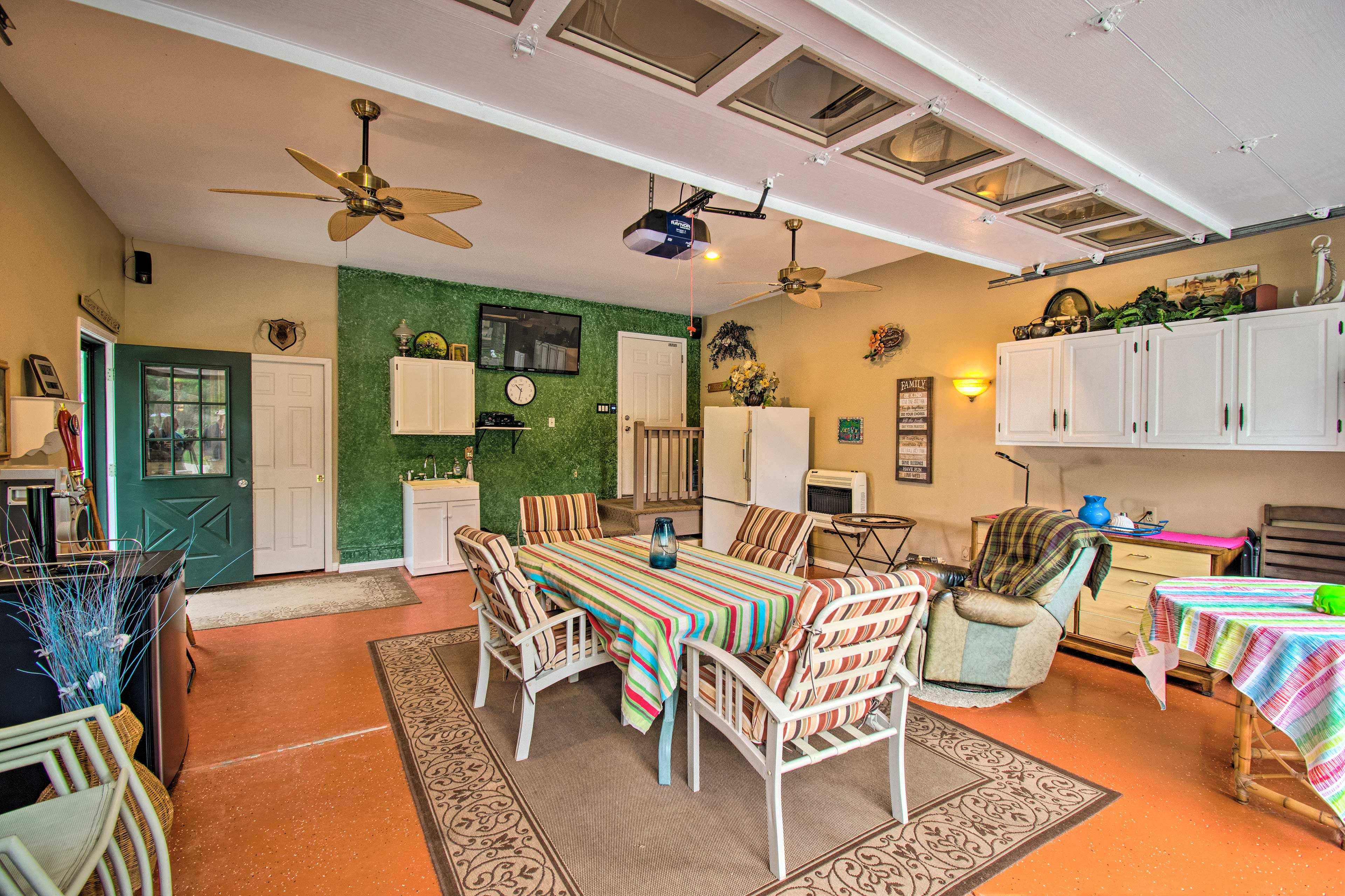 Play a card game in the screened-in garage.