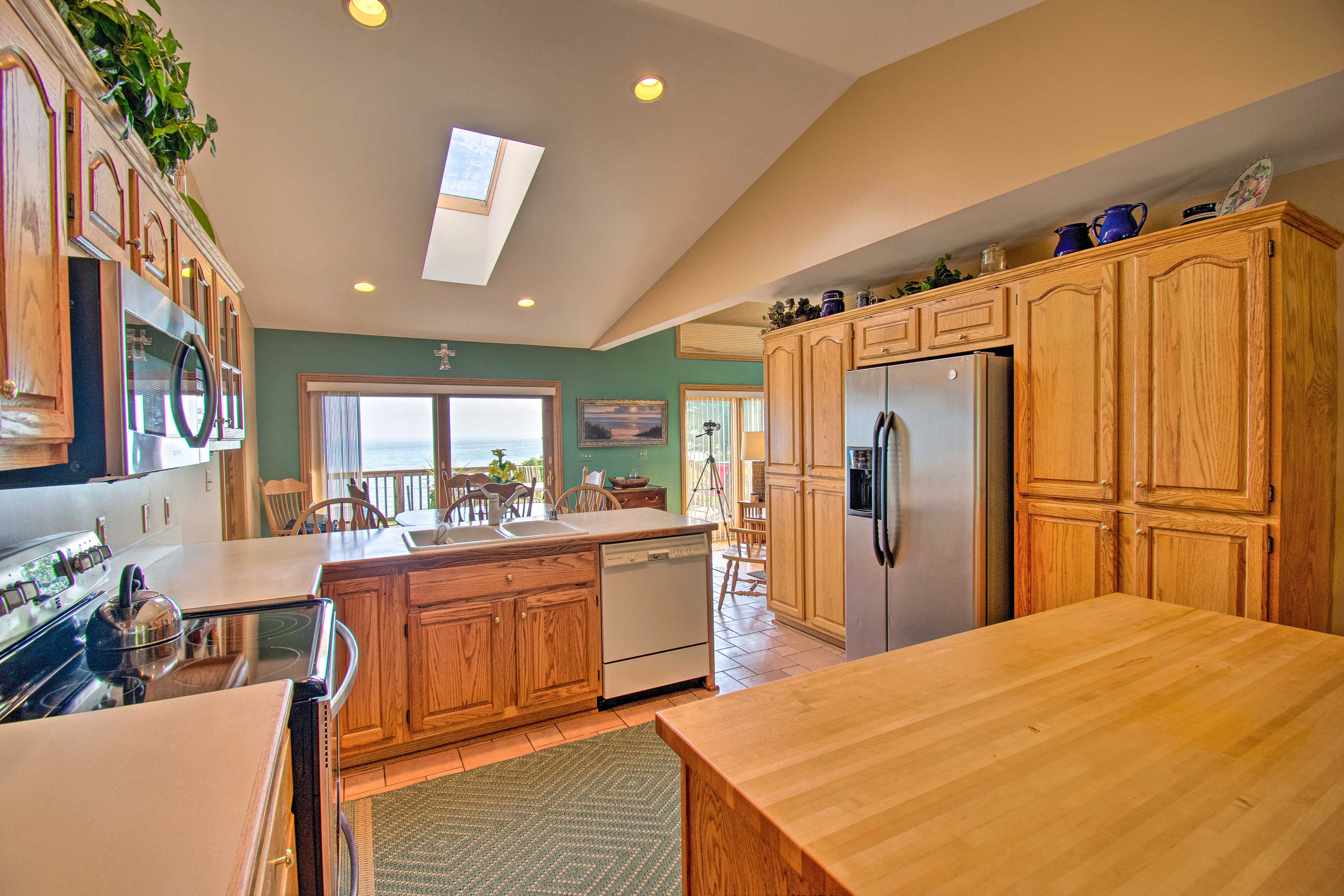 The fully equipped kitchen also boasts Lake Huron views.