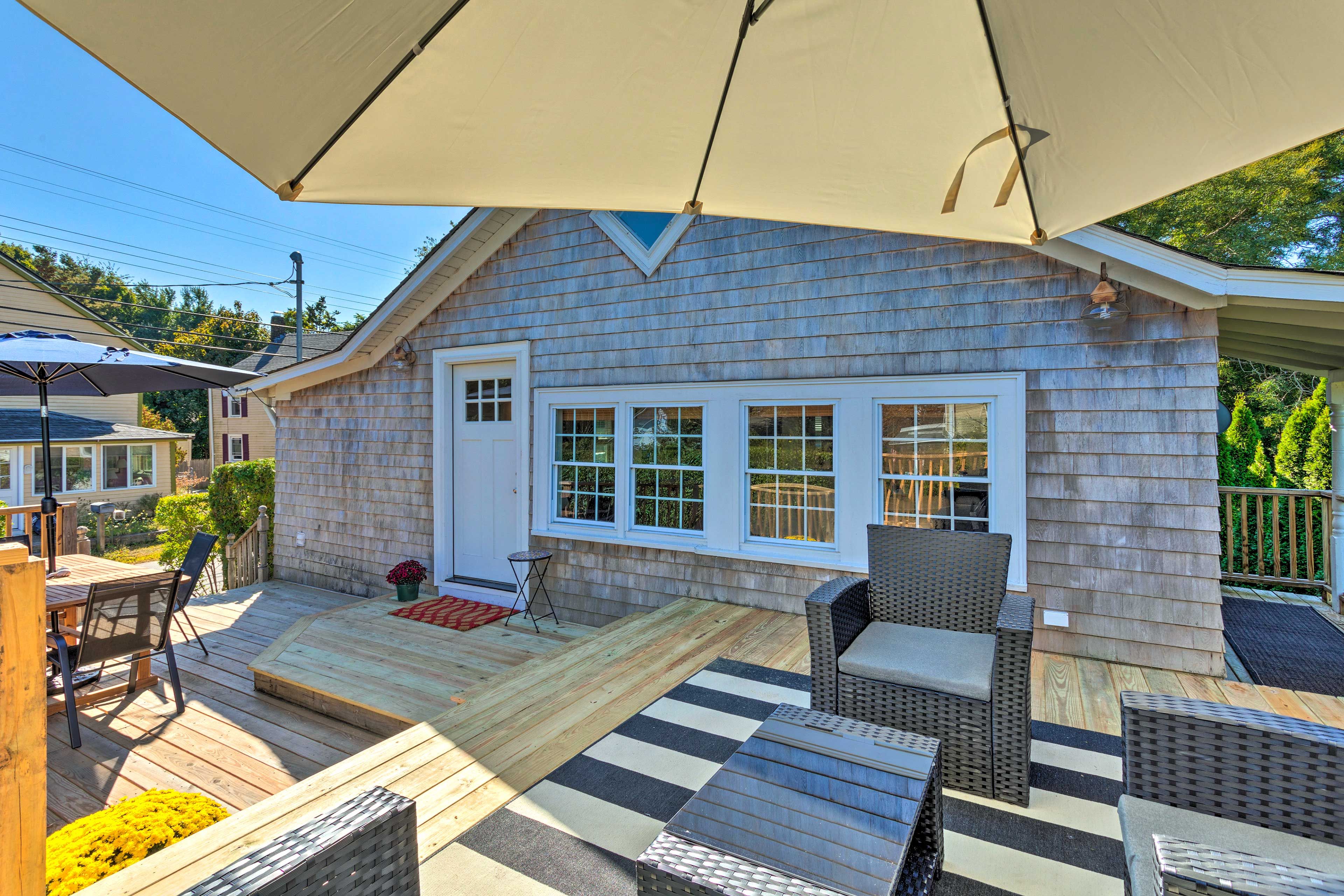 The deck offers plenty of shady and sunny places.