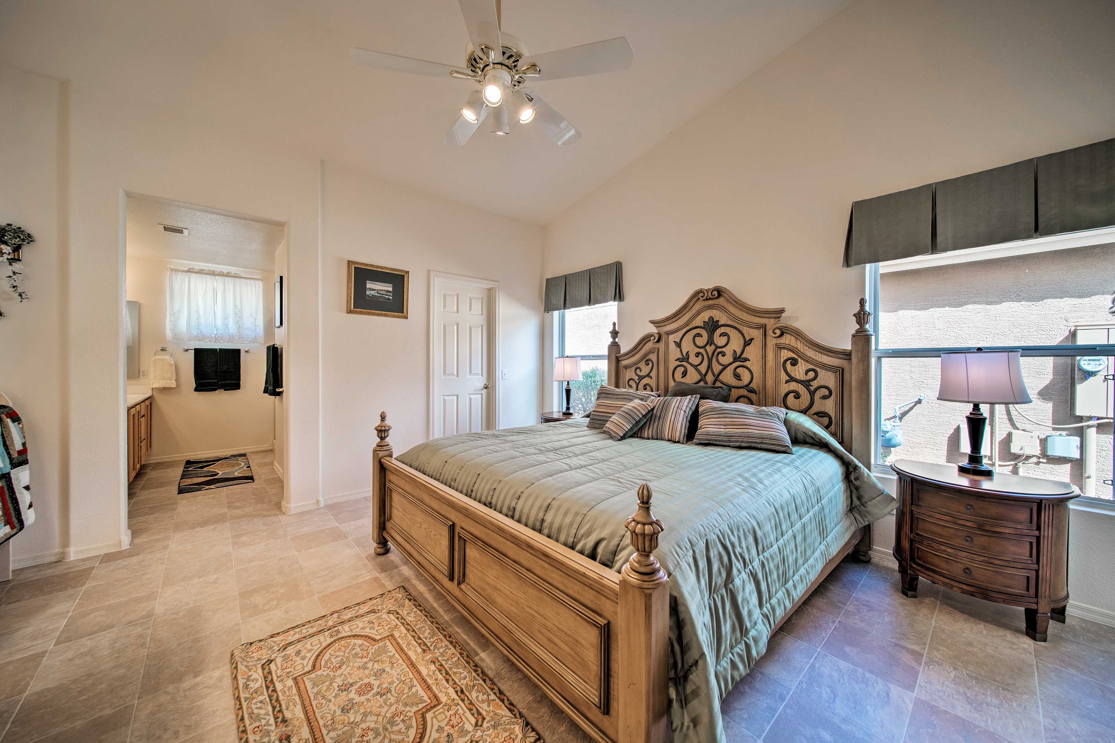 The ceiling fan will keep a breeze flowing while you sleep.