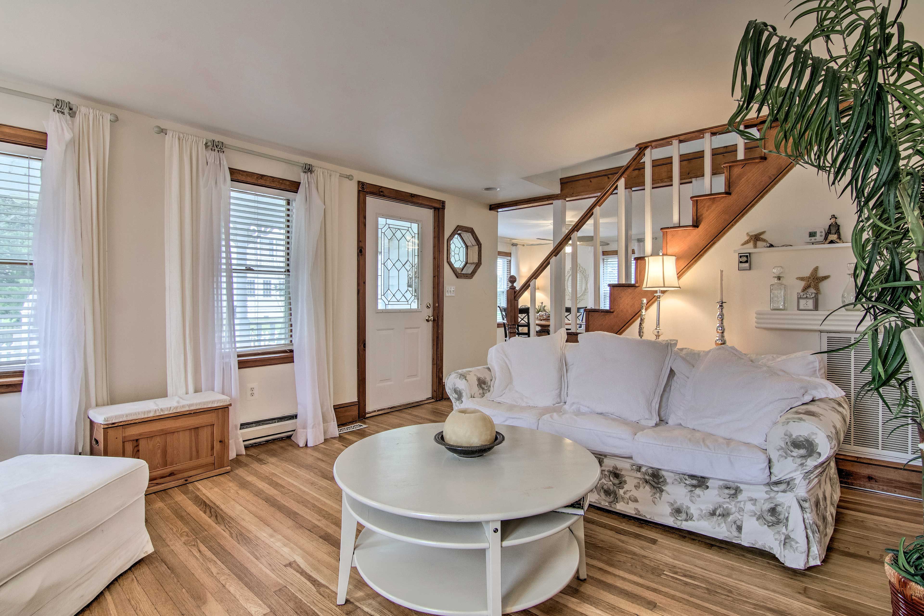 This vacation rental features light and airy decor.