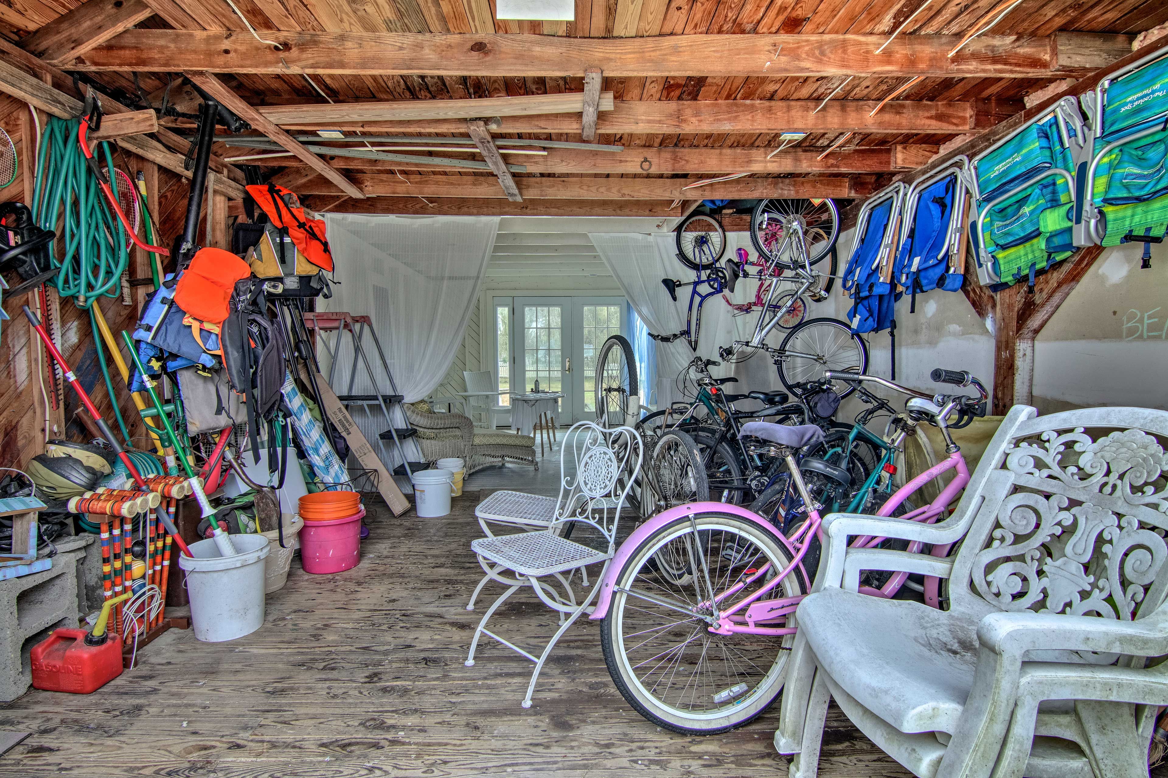 The garage is stocked with all kinds of fun yard games, beach gear, and bikes.
