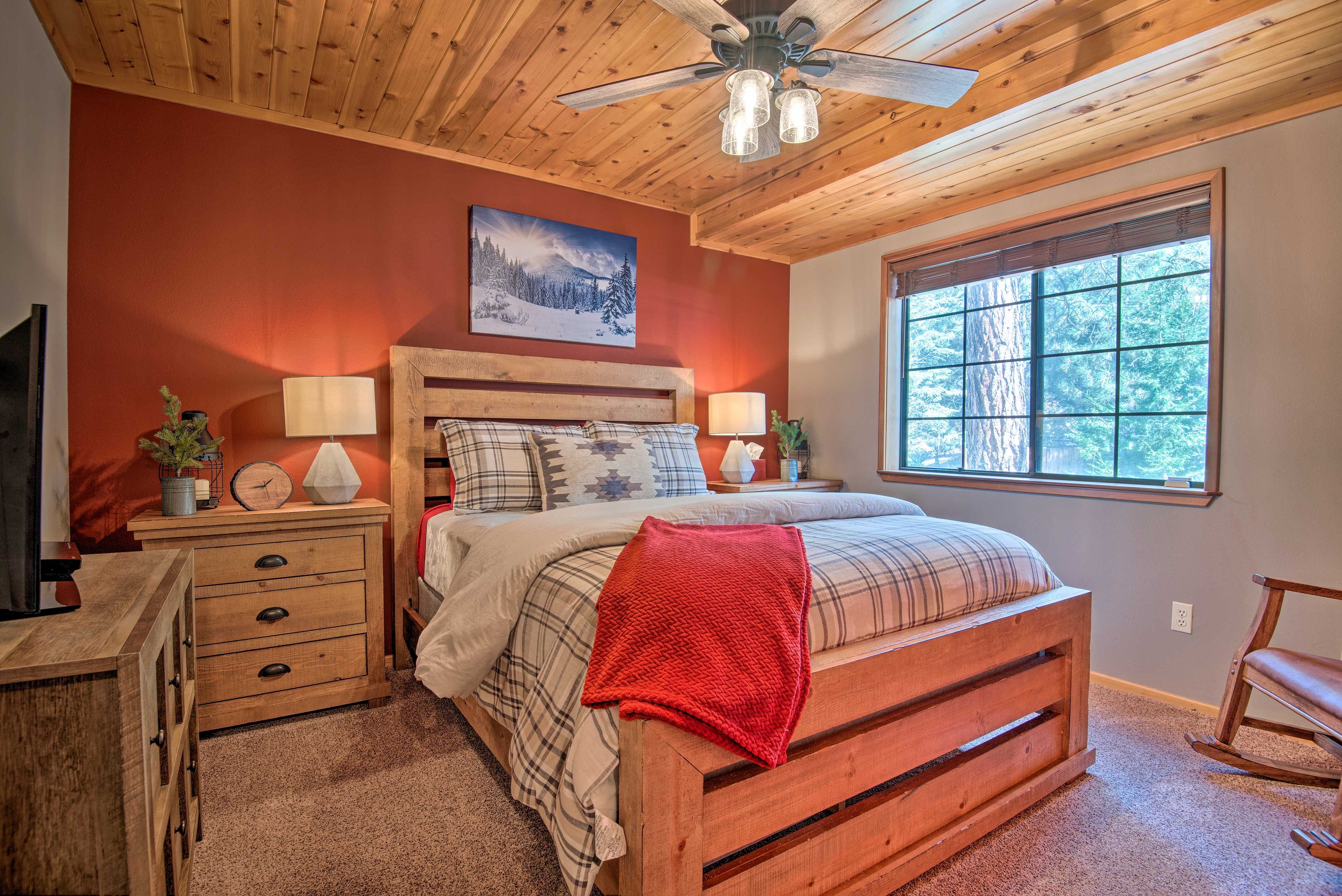 Cozy up in this king bed each night.