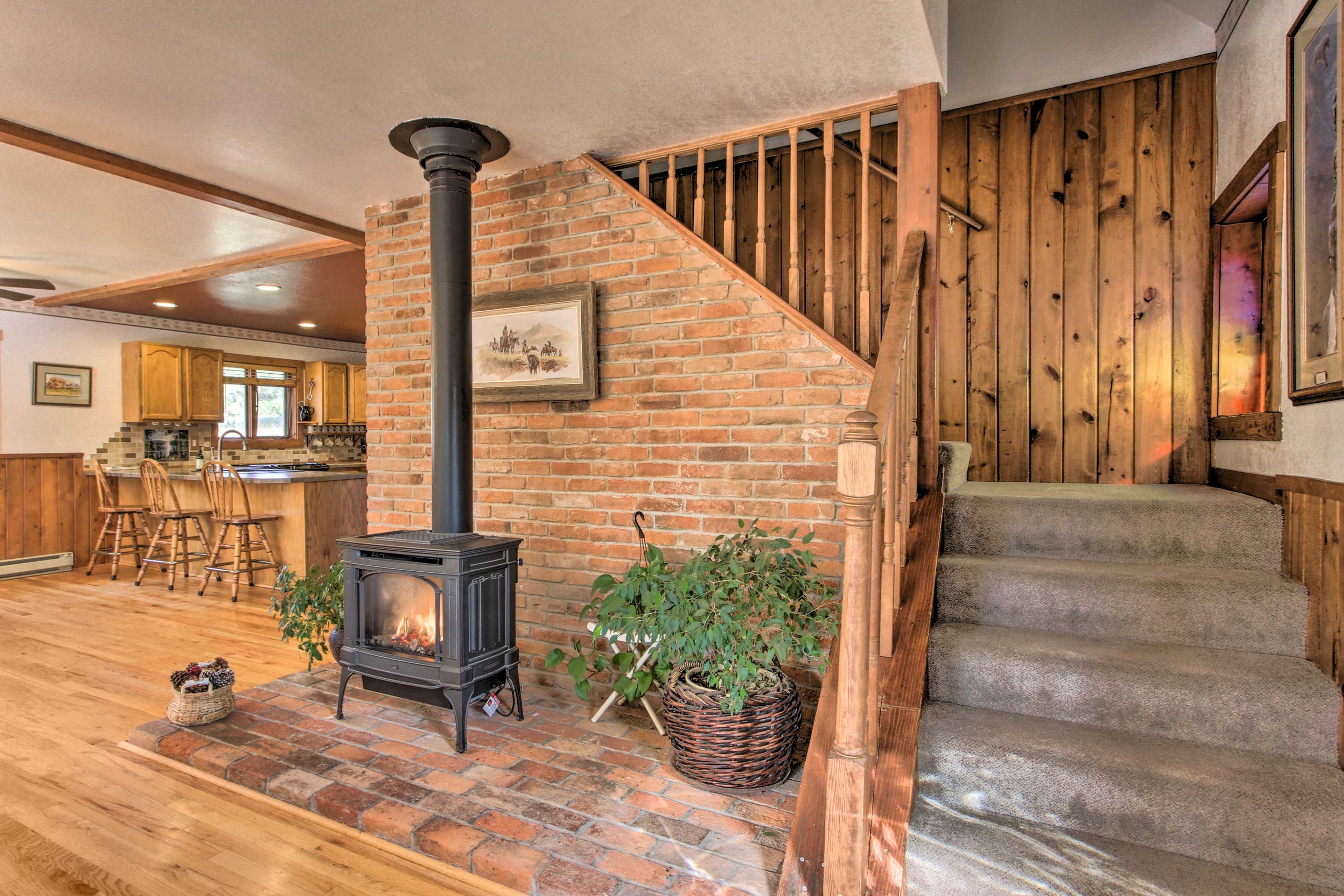The wood-burning stove is sure to keep everyone toasty warm.