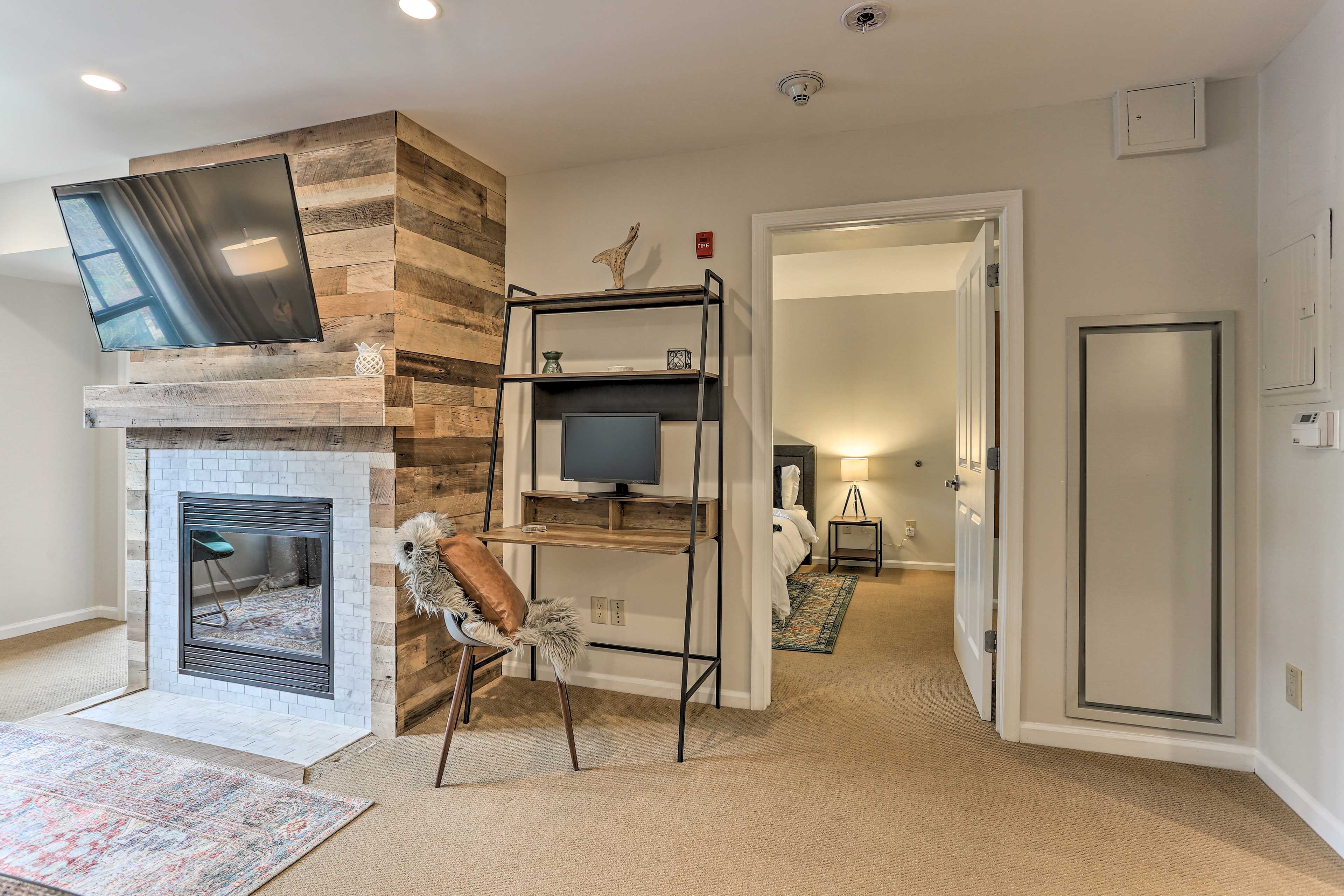 Cozy up near the fireplace.