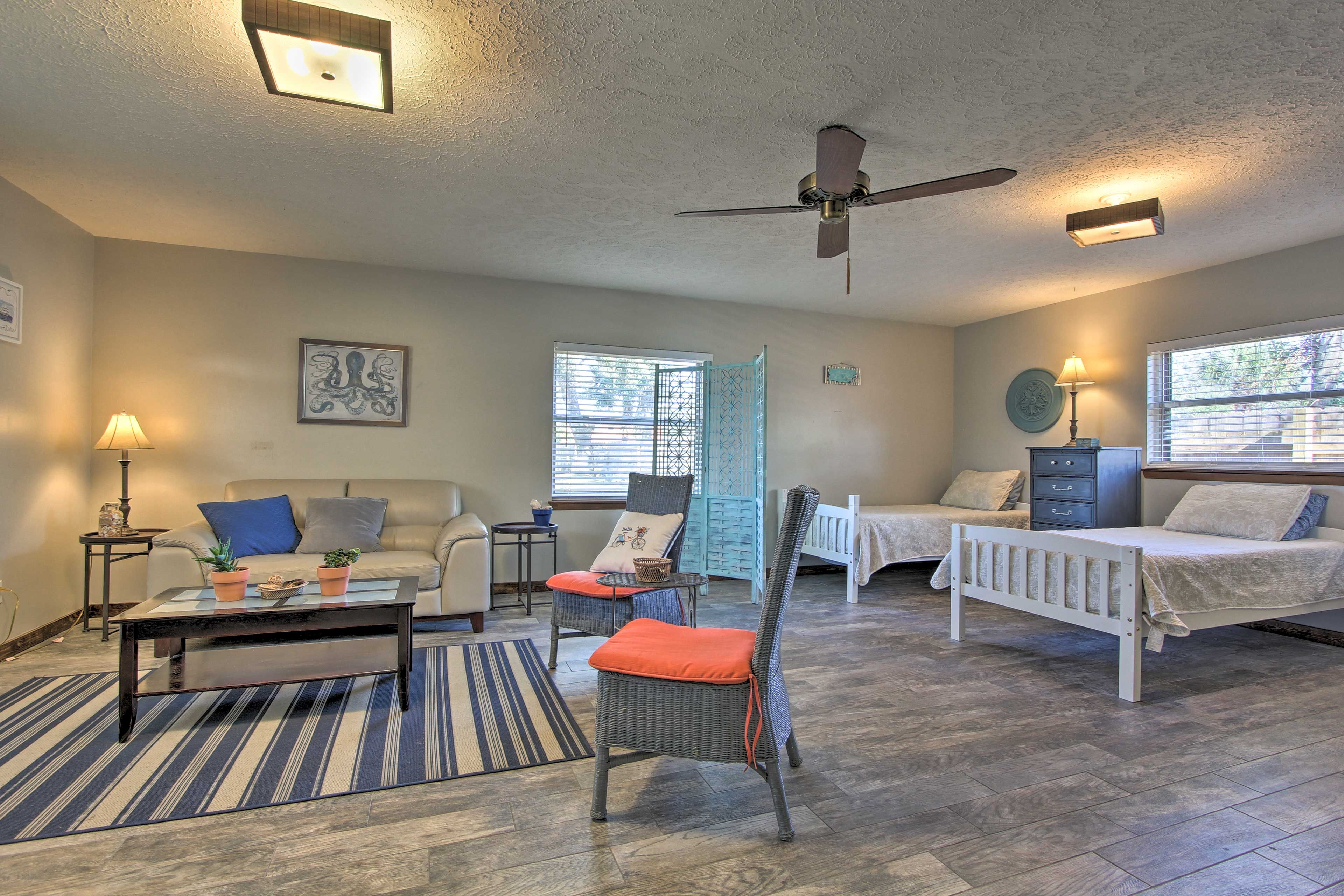 The living room is flooded with daylight during the day.