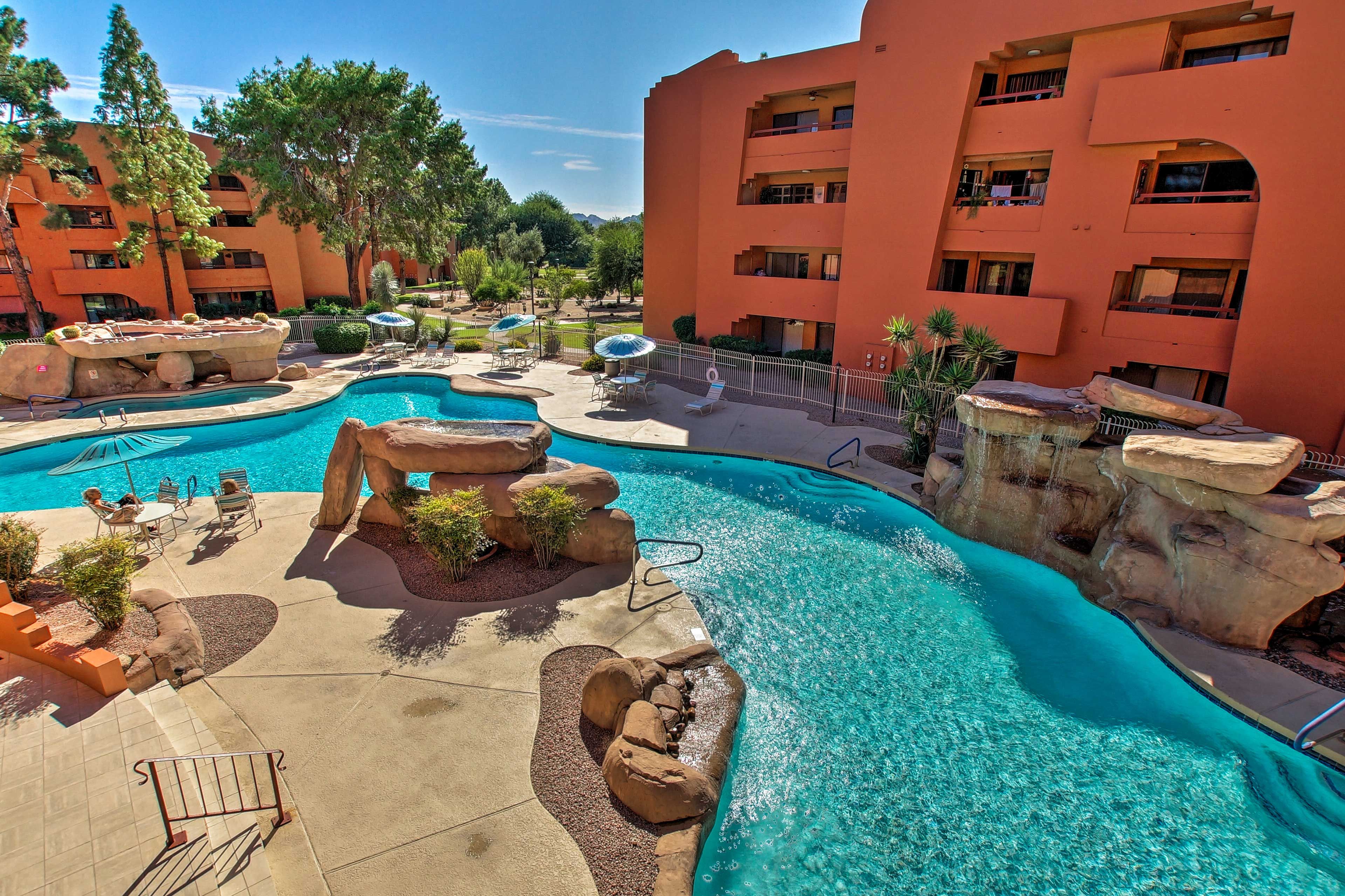 You'll love the unique rock features lining the main pool.