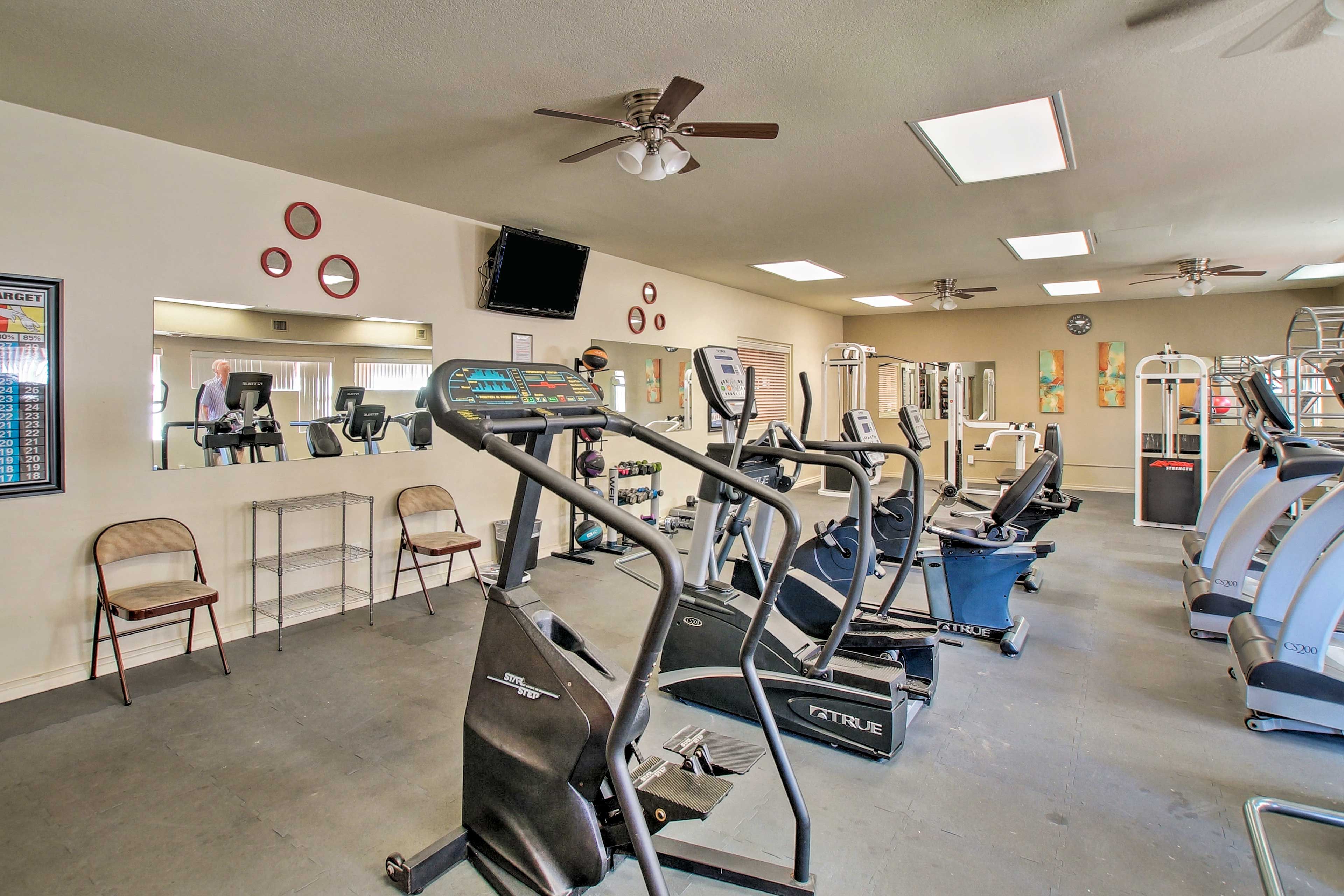 The gym boasts a variety of different fitness equipment.
