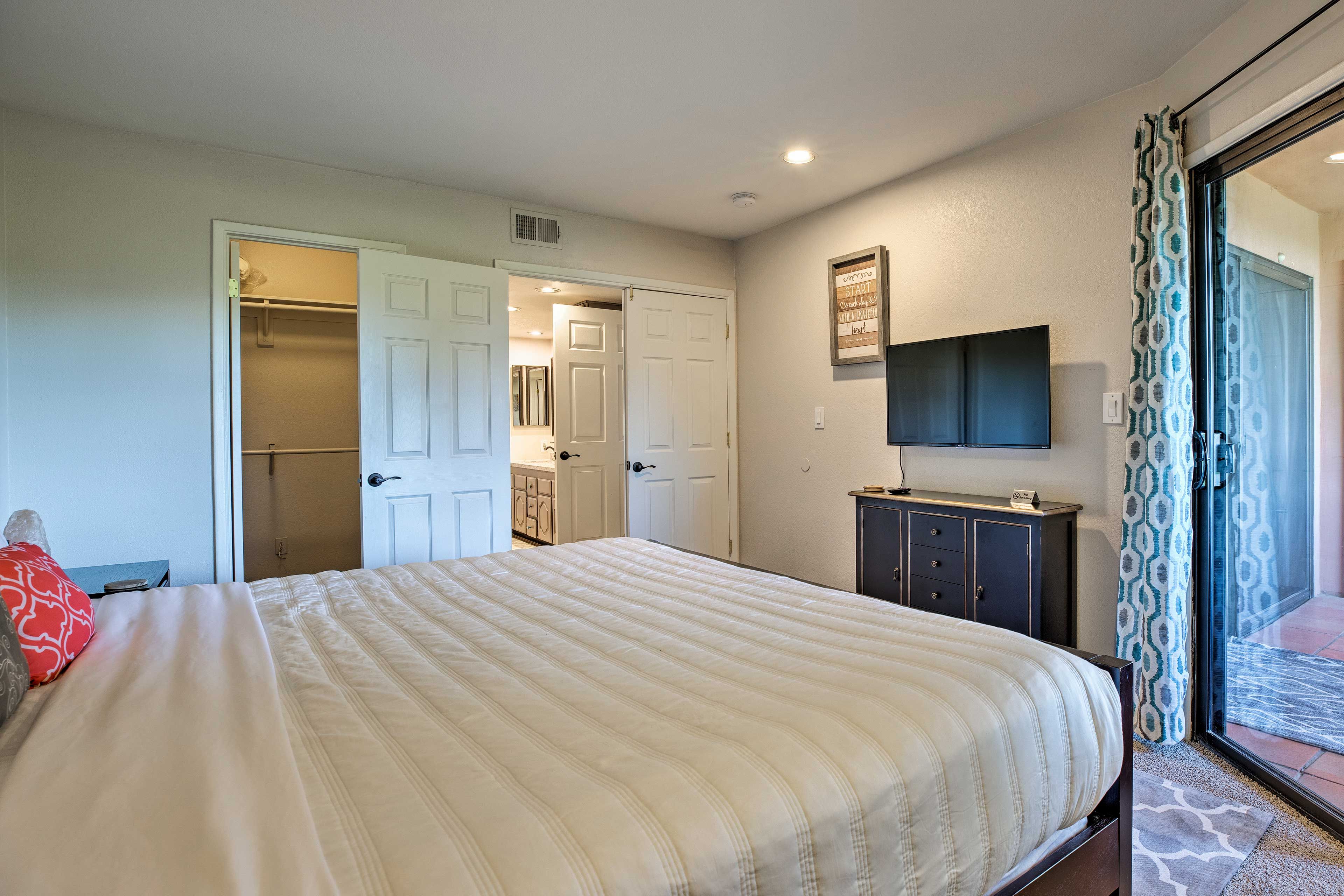 Enjoy balcony access and a flat-screen cable TV for your viewing pleasure!