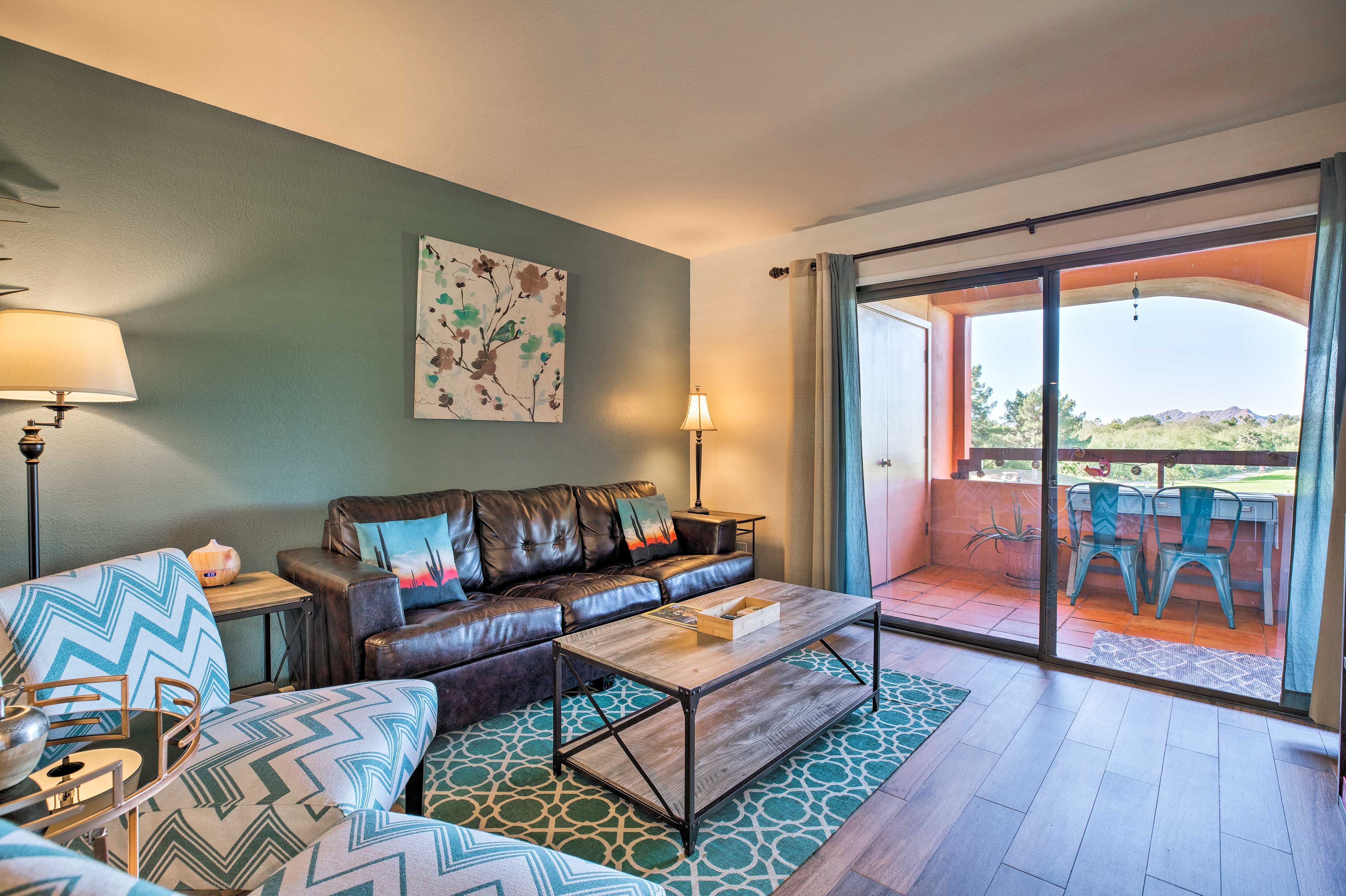 The condo features plenty of modern and Southwestern furnishings.