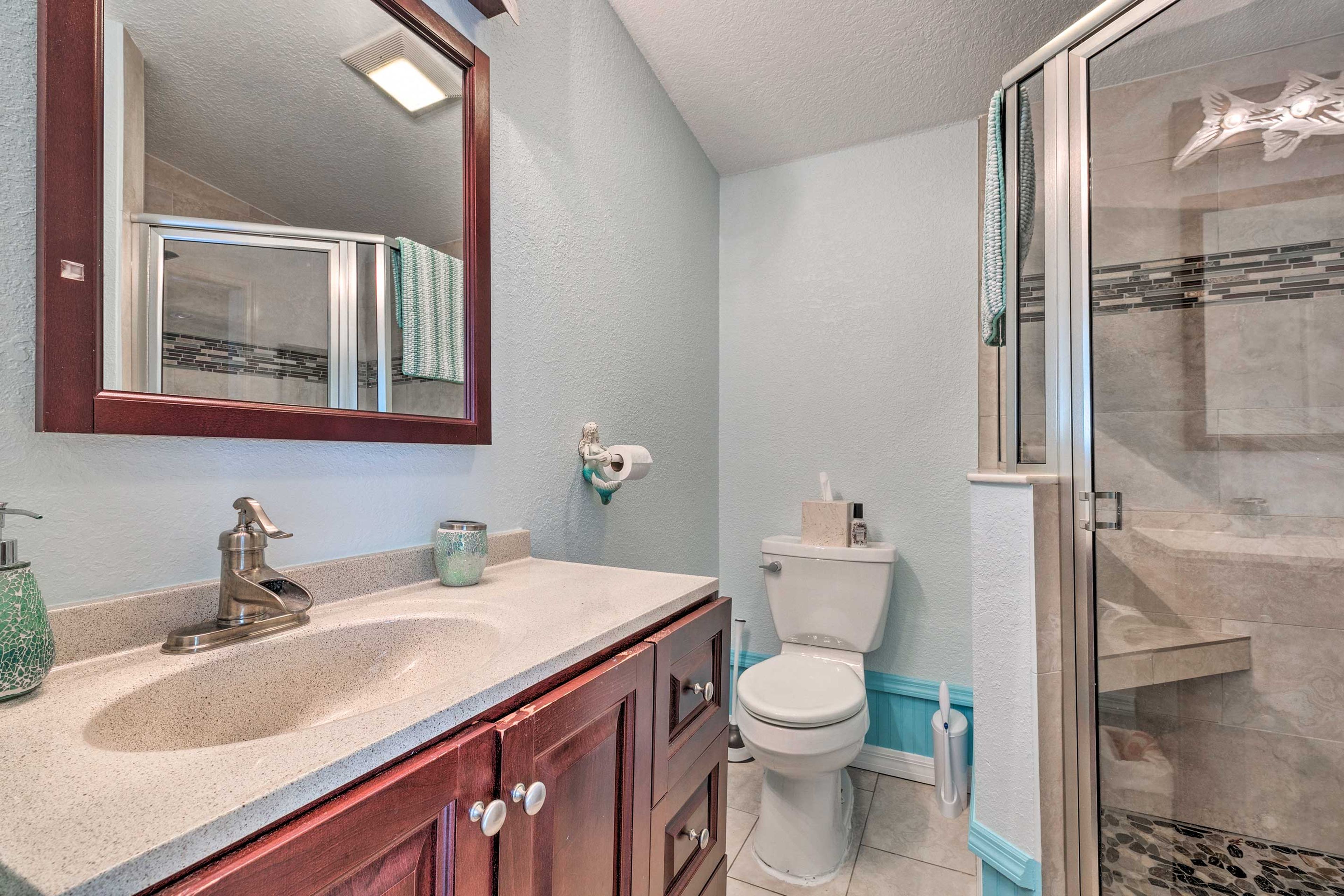 Rinse the ocean off in the walk-in shower.