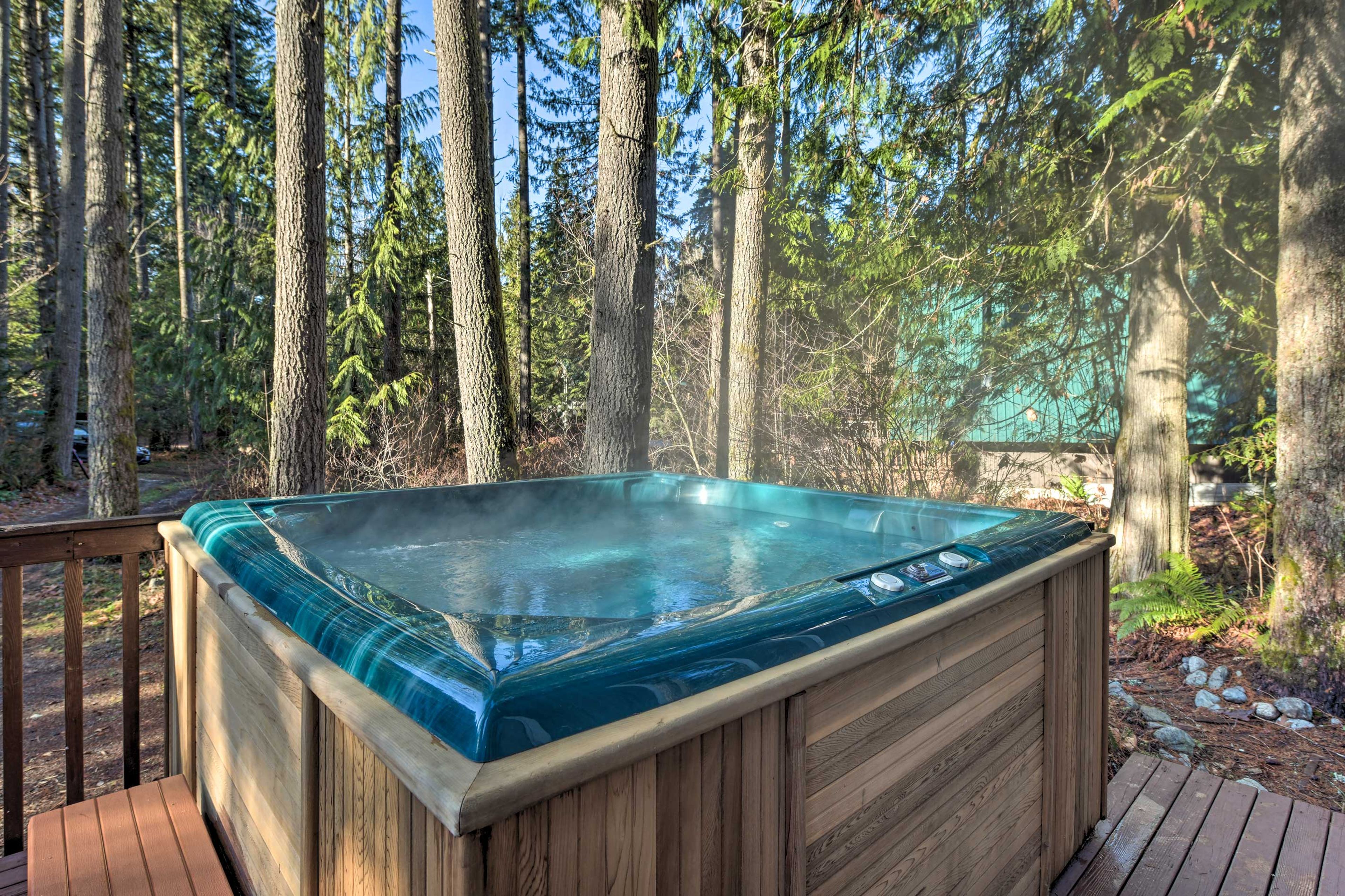 Soak sore muscles in the jetted, private hot tub.