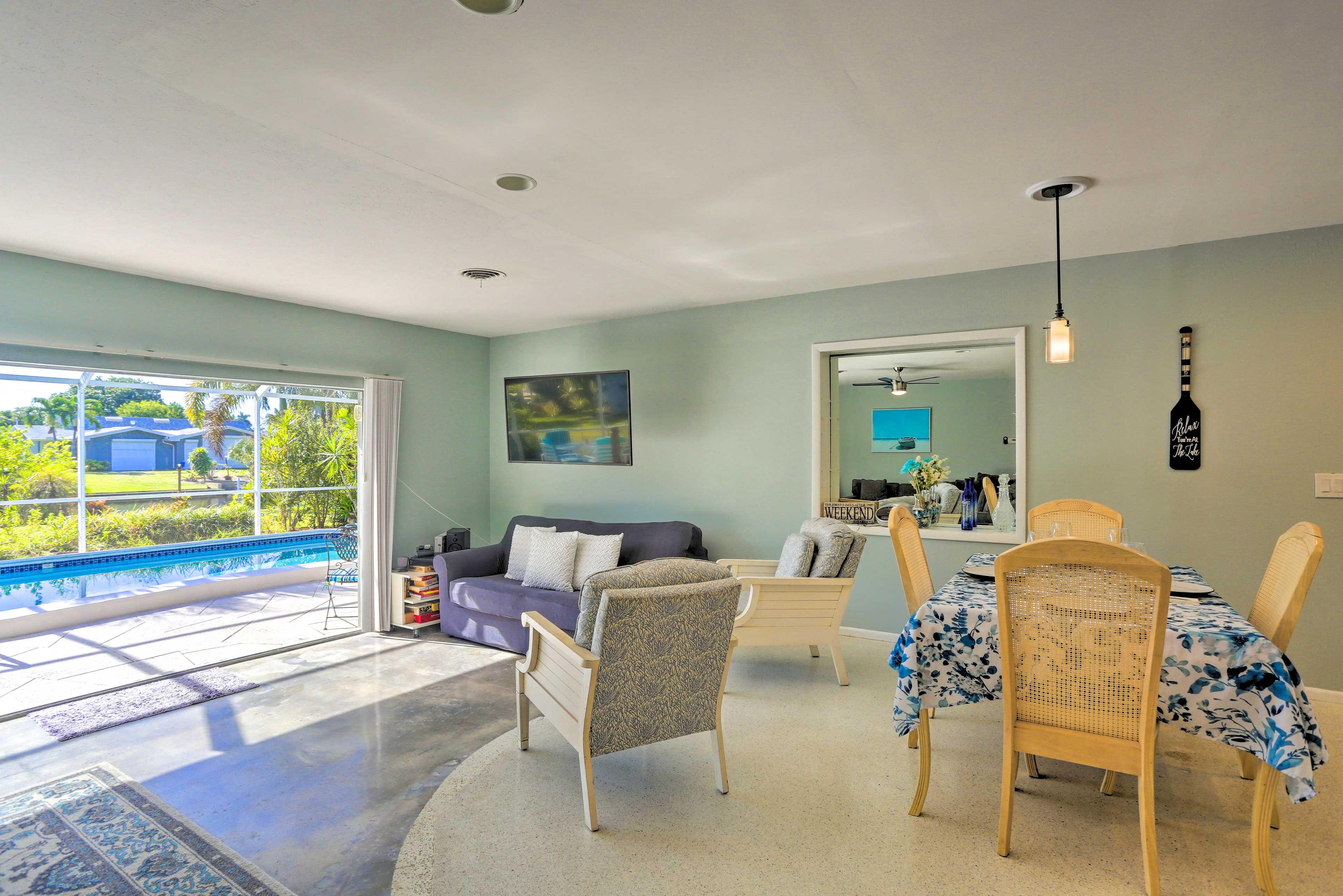 Keep an eye on pool deck from the spacious living room.