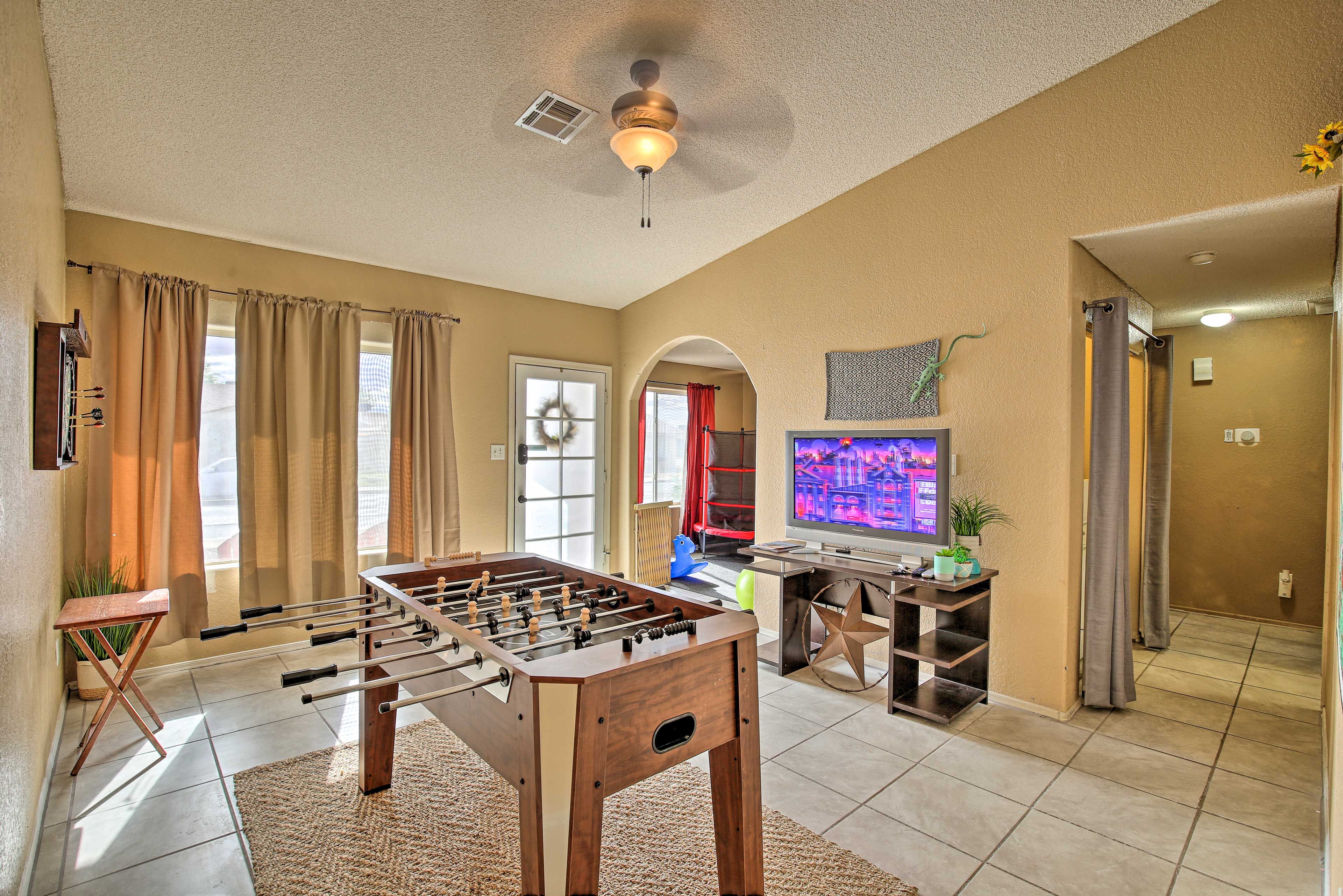 Play foosball and watch movies on the TV after your adventures.