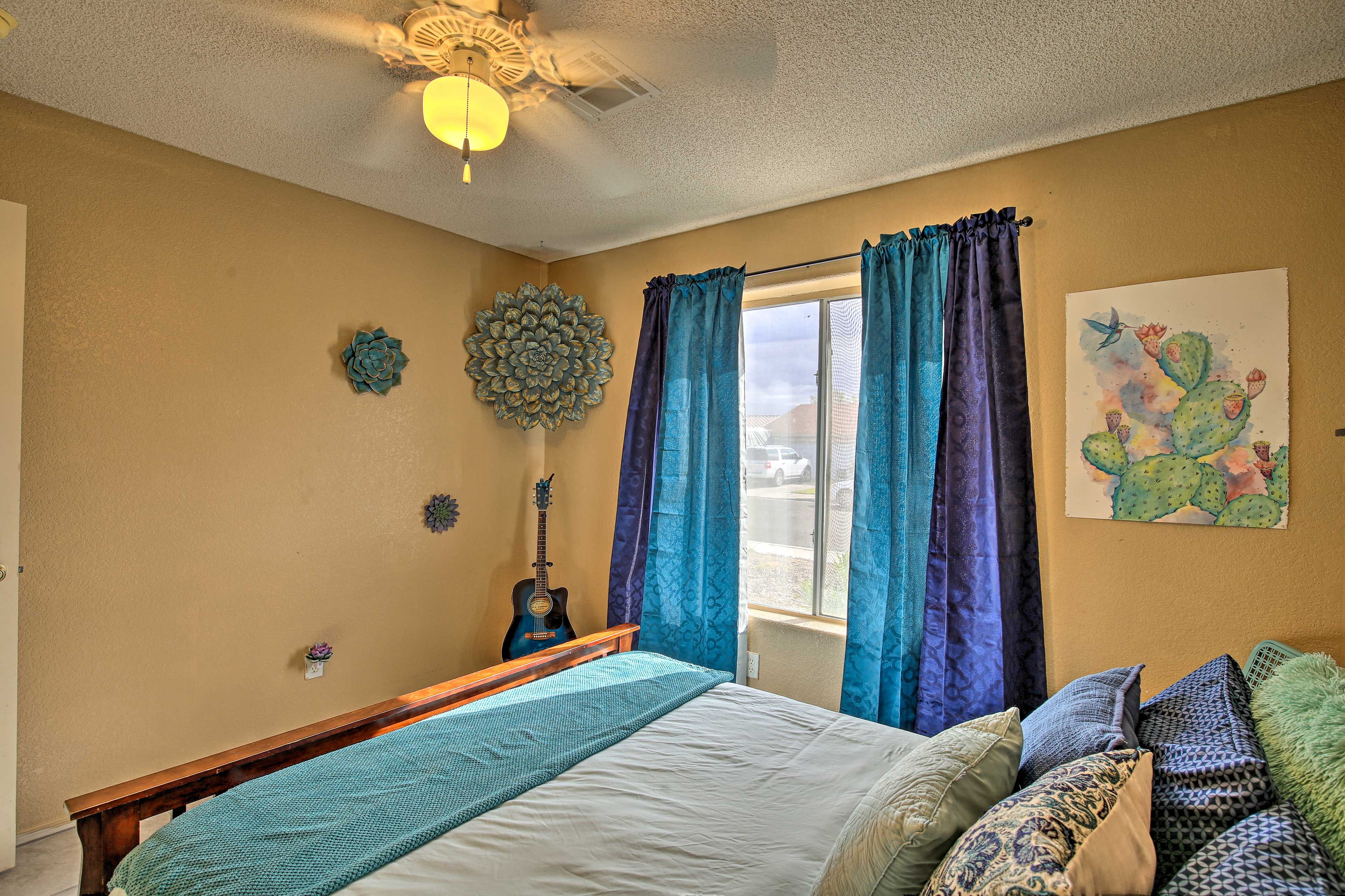 Bright decor brings this bedroom to life.