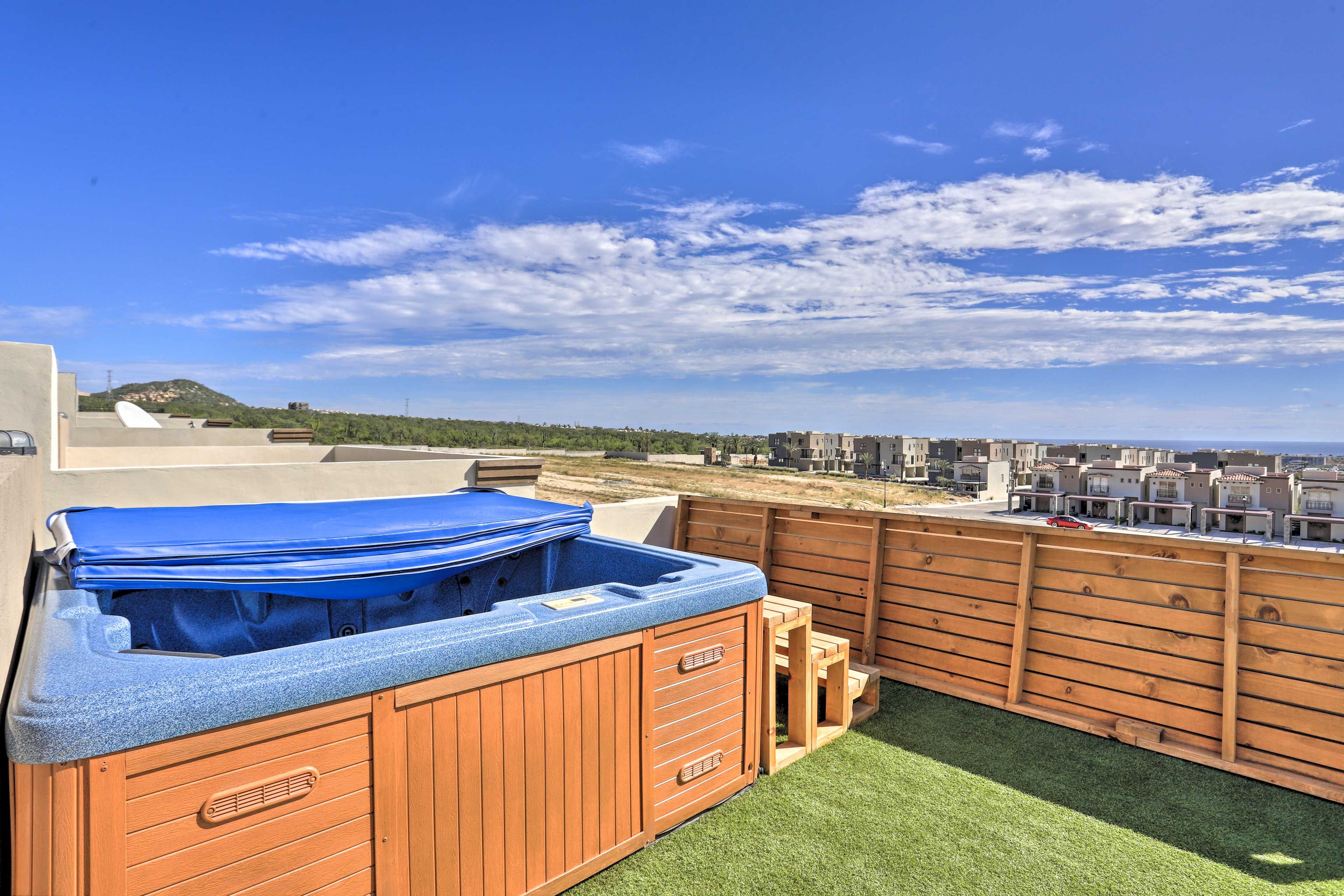 Soak under a star-filled sky in the hot tub.