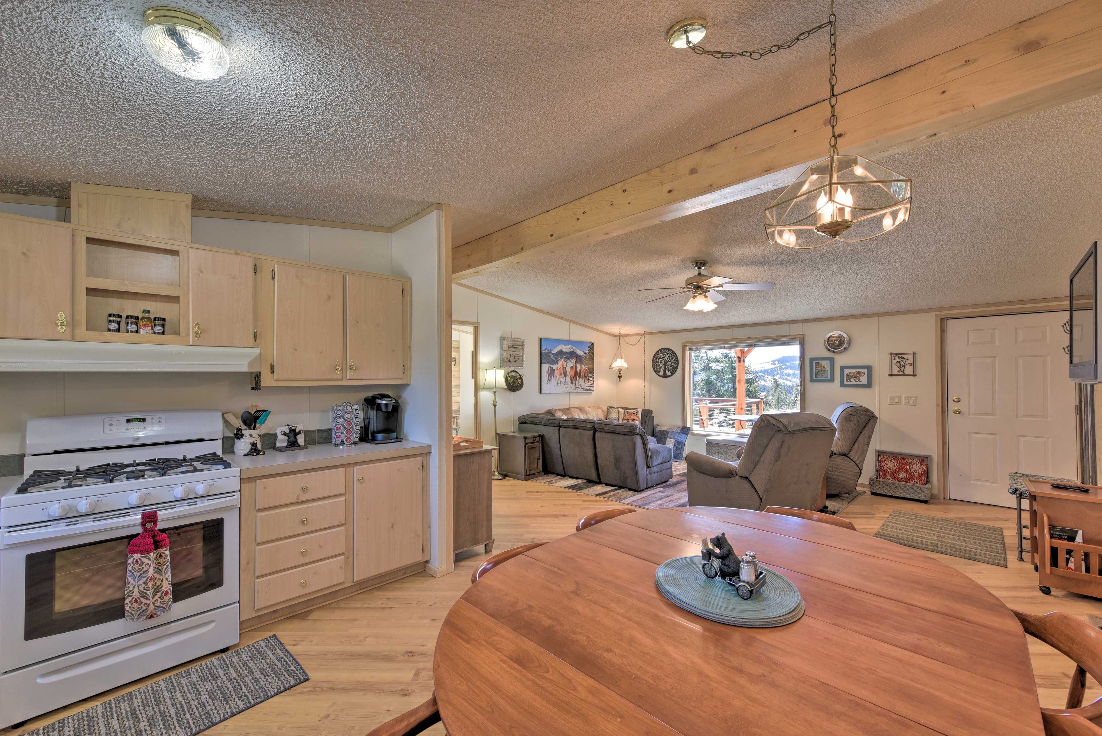 Serve family-style meals at the spacious dining table.