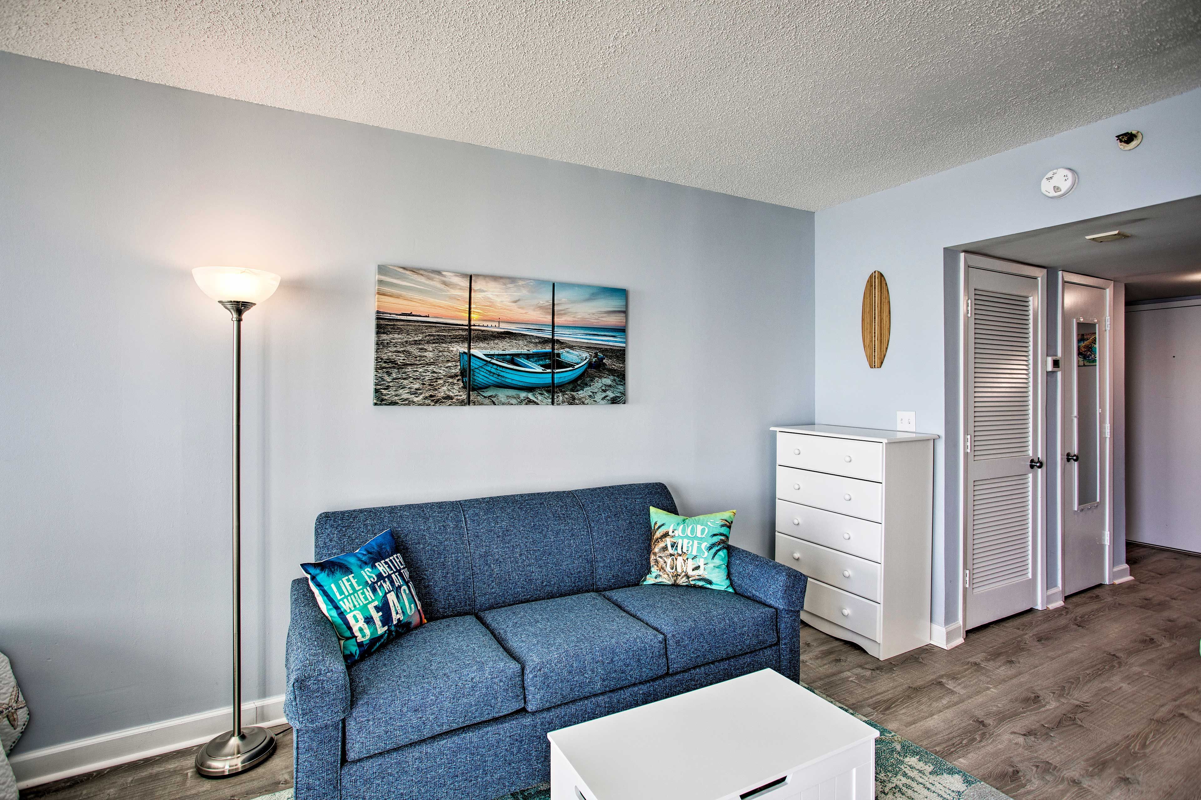 Relax on the couch after a full day at the beach.