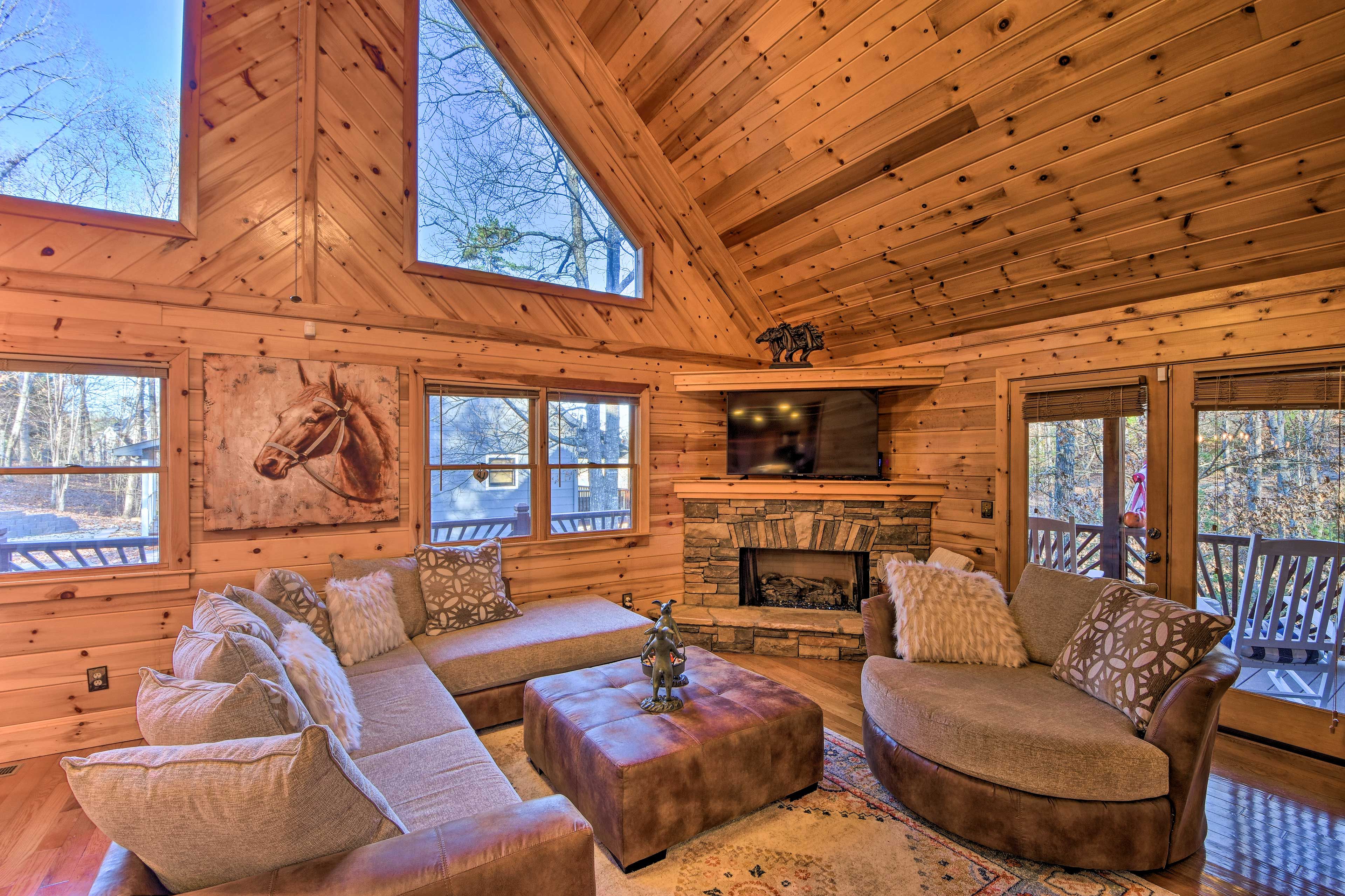 Cozy up by the fire after a long day on the lake.