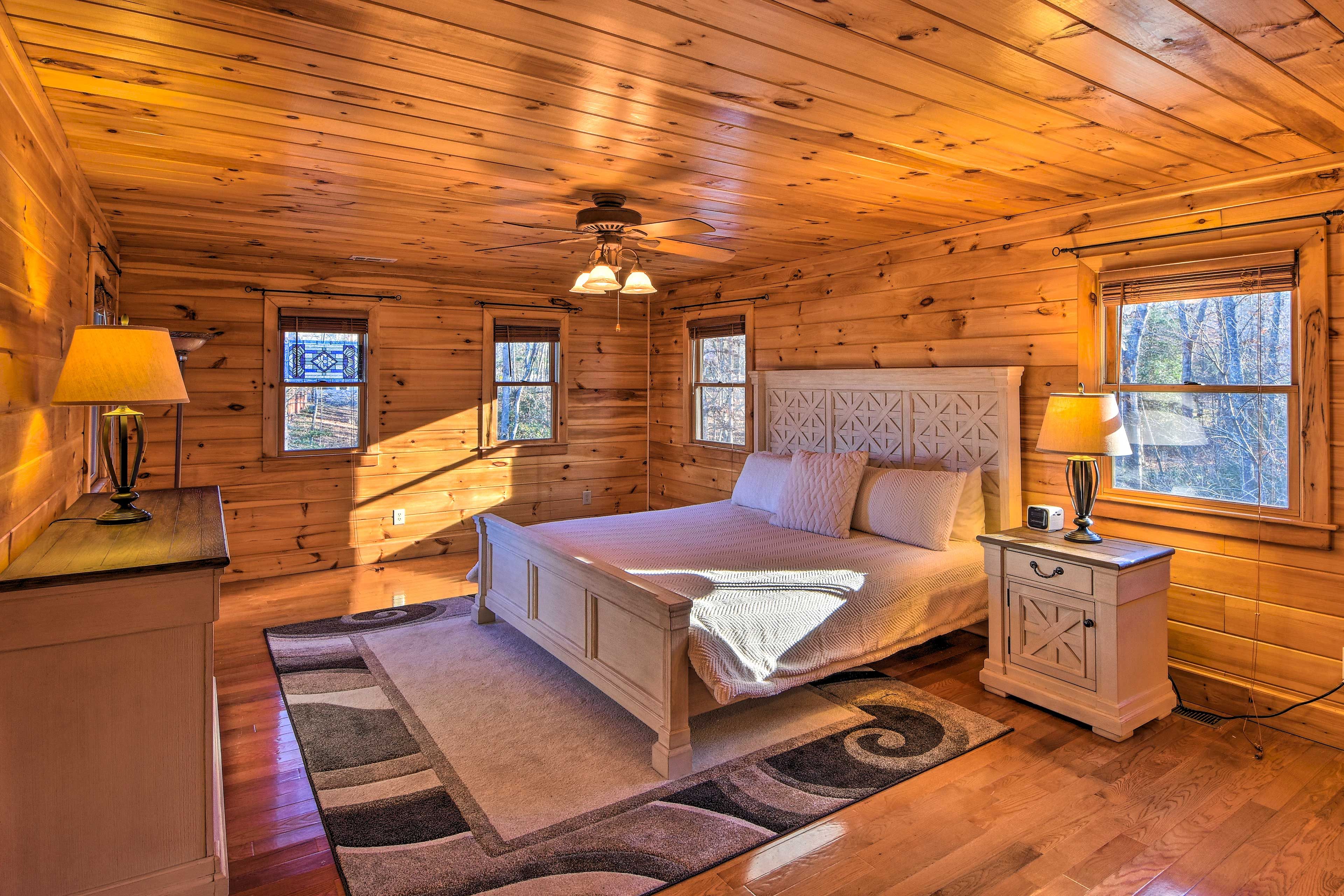 The first bedroom boasts a king-sized bed.