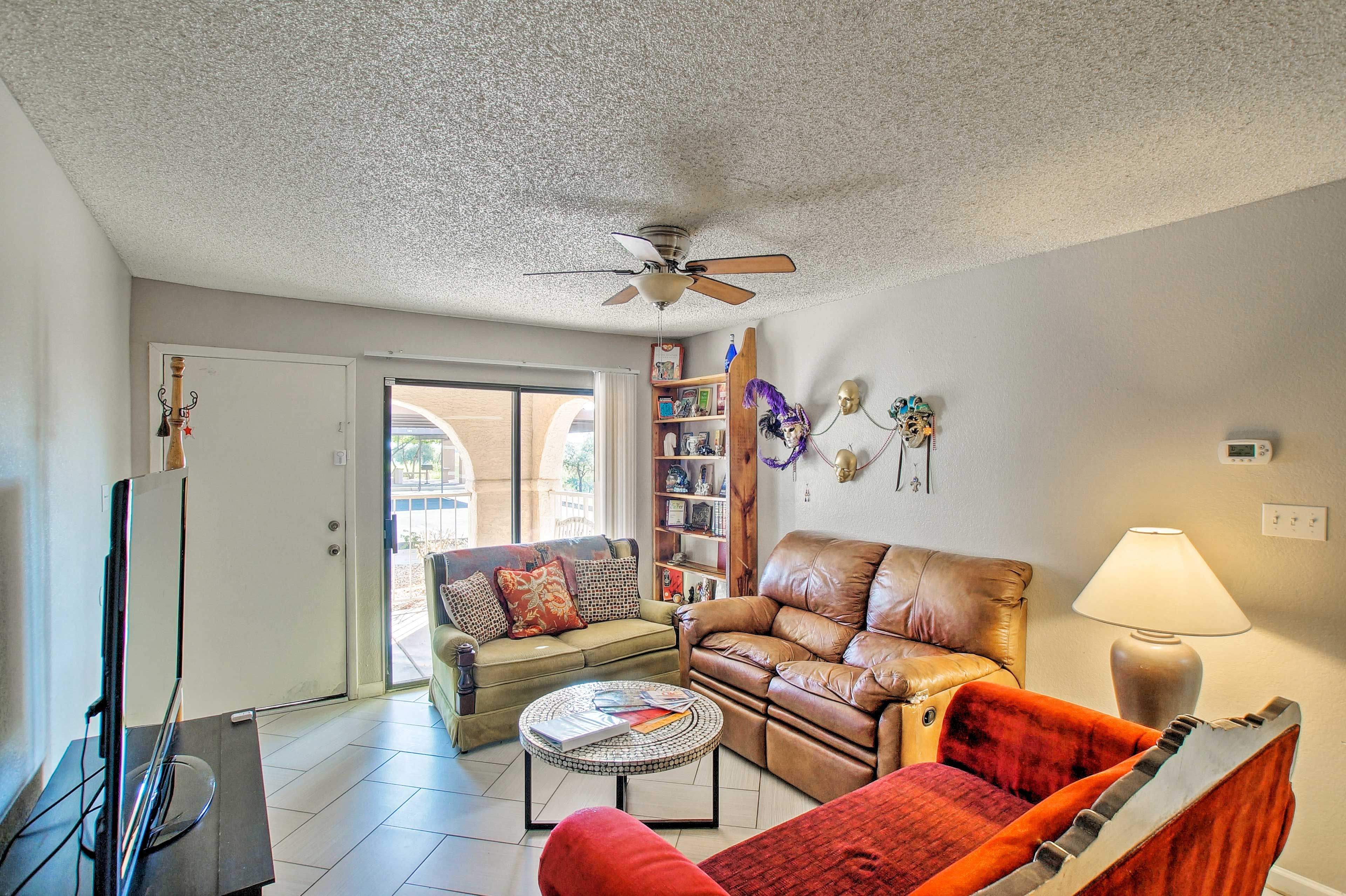 Settle in for a movie night on the flat-screen cable TV.