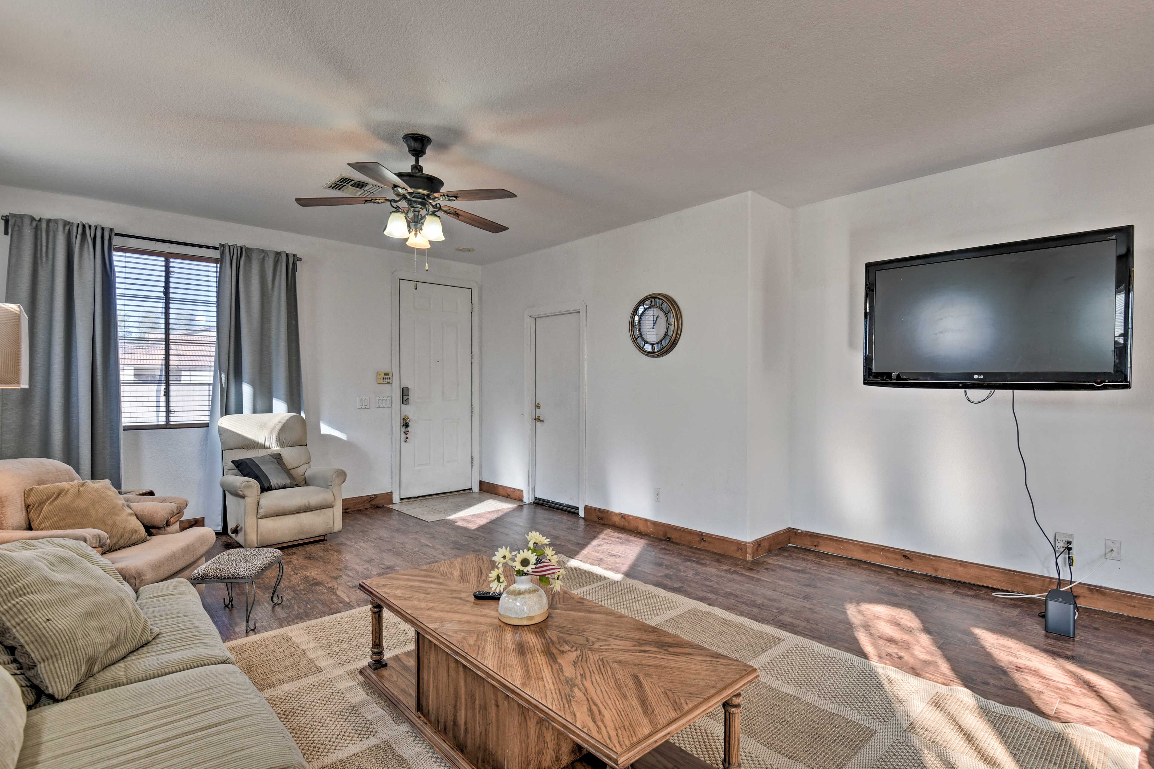 Settle in for a movie night on the flat-screen cable TV.