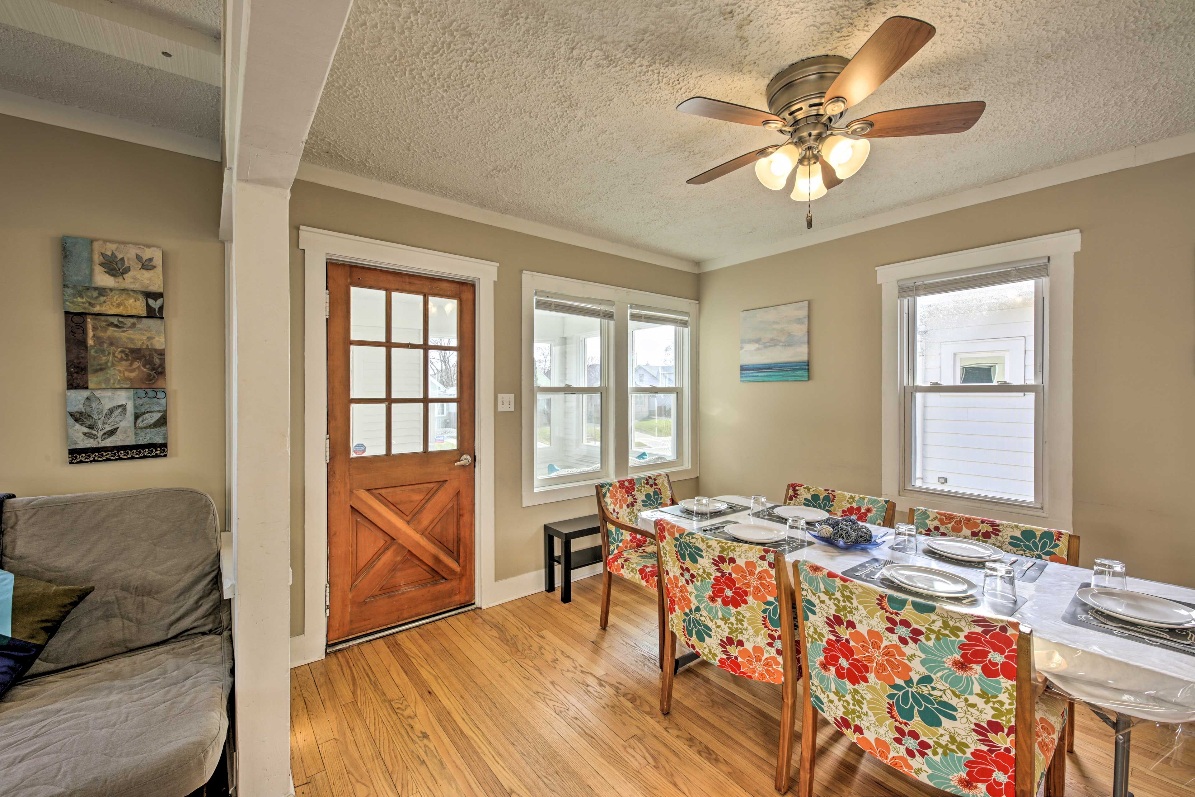 The living room leads into the dining area.