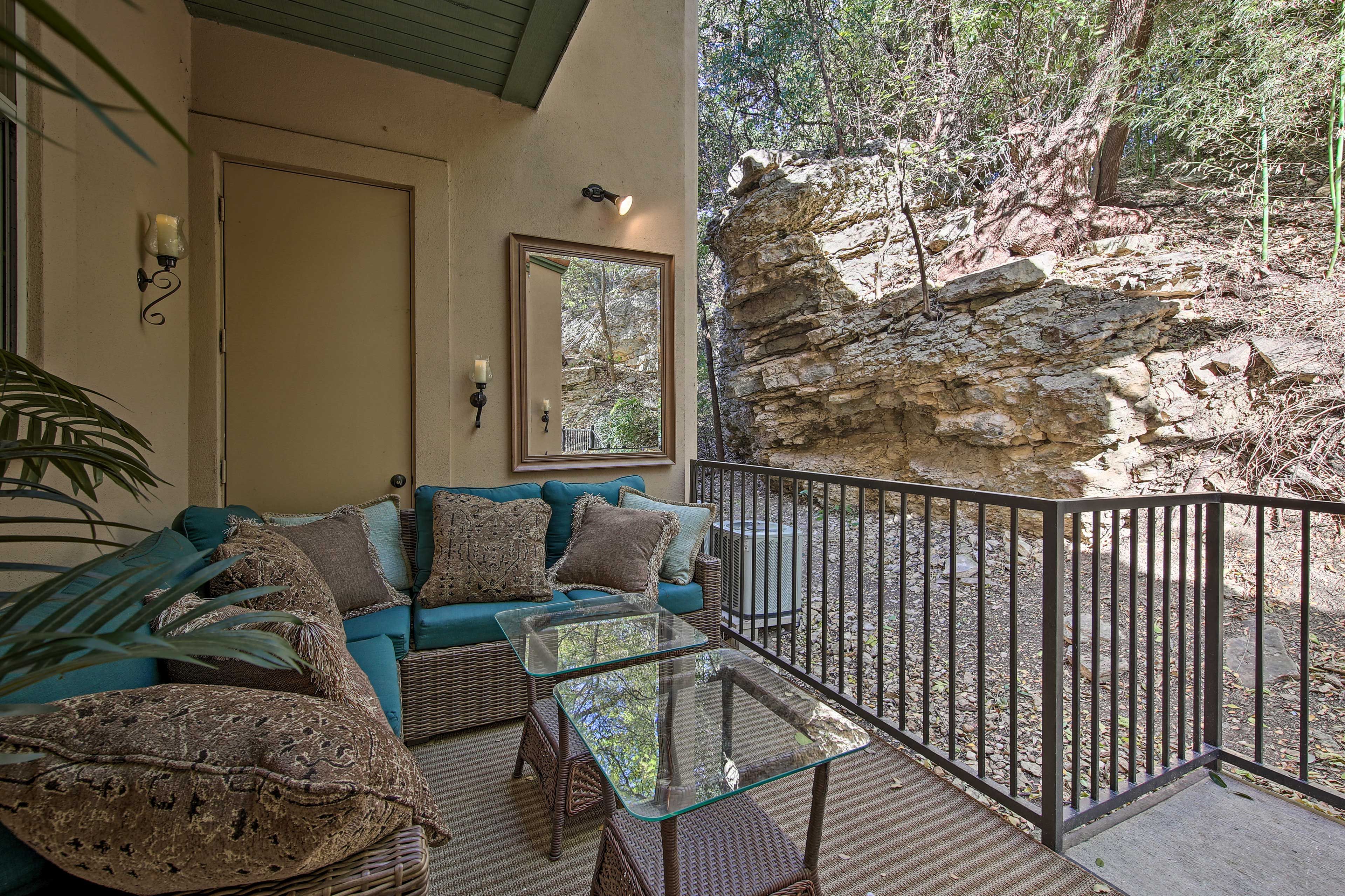 This property even features lush outdoor space.