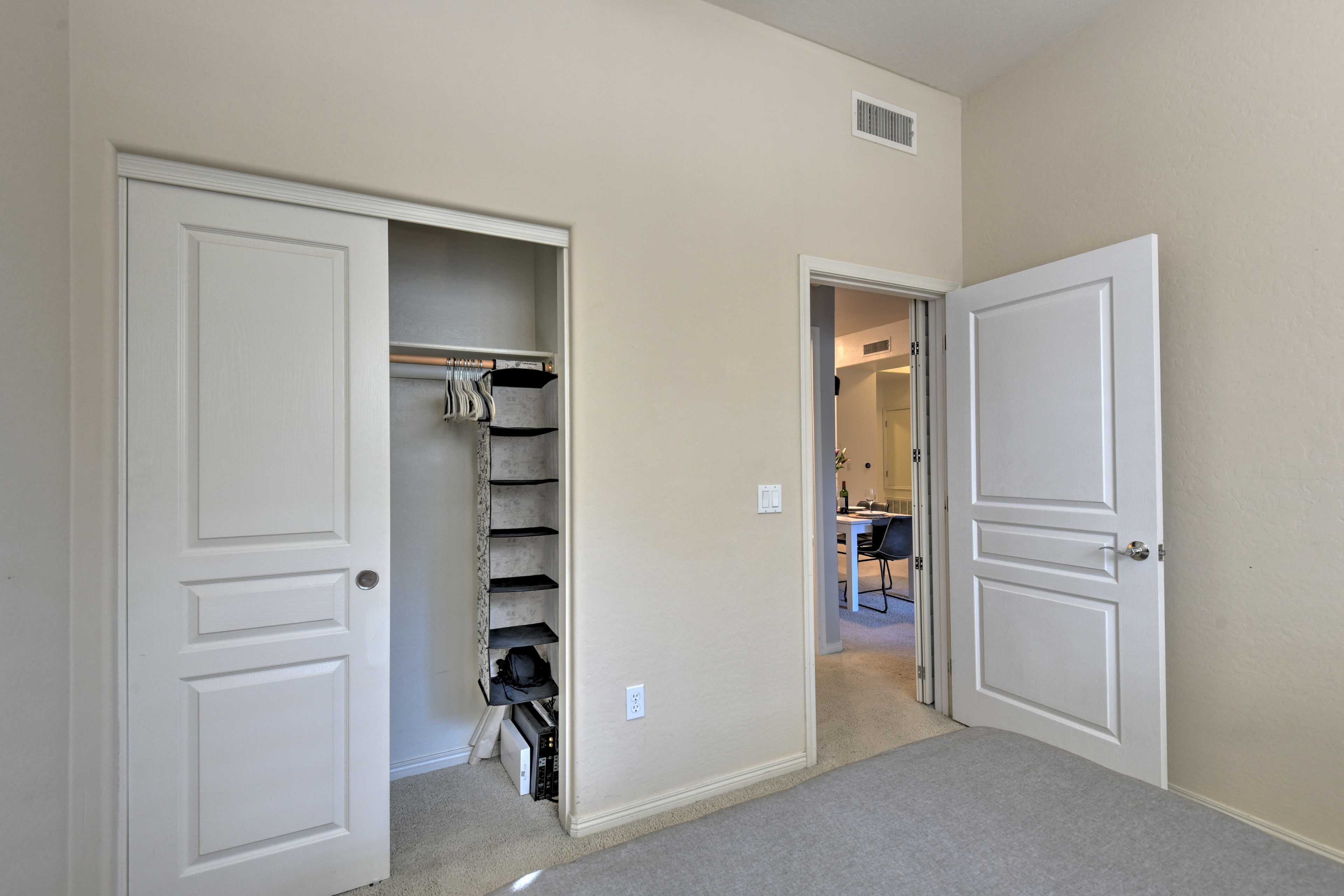 Unpack your bags and throw your luggage in the closet to feel more at home.