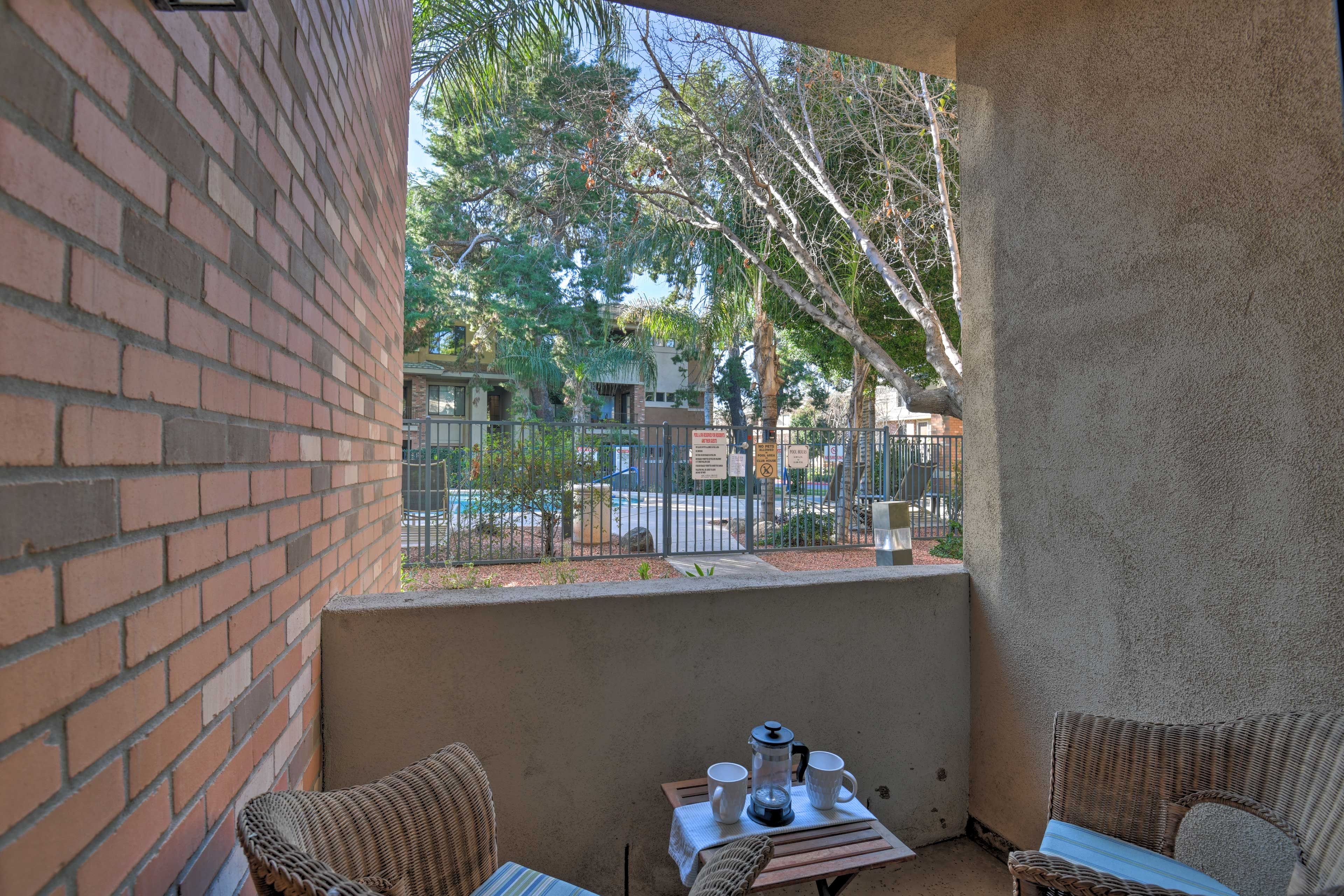Sip some morning coffee from the French press on your patio.