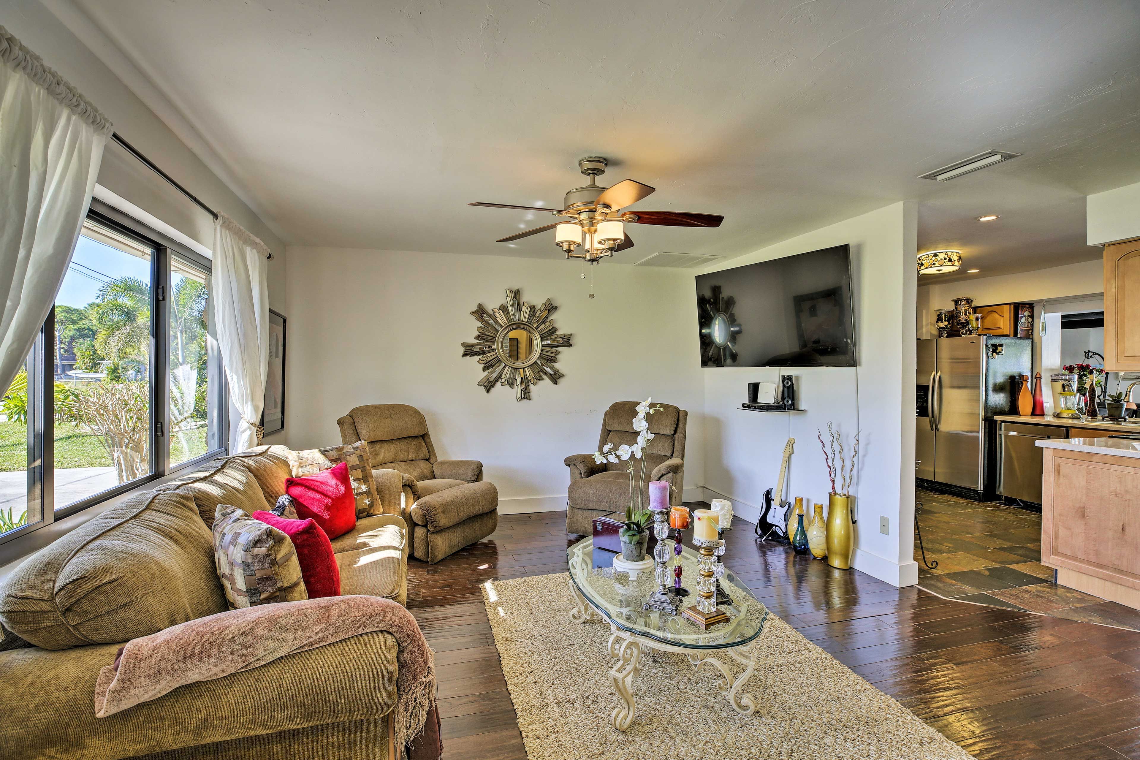 The kitchen is located just off the living room.